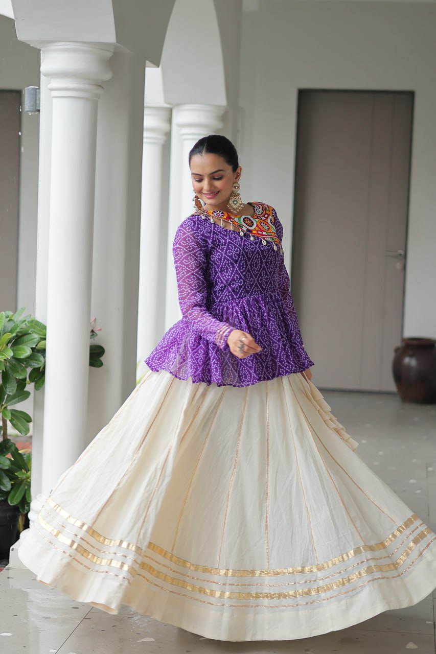 Vrinda Elegant Mirror Work Bandhani Top with Cream Flared Lehenga