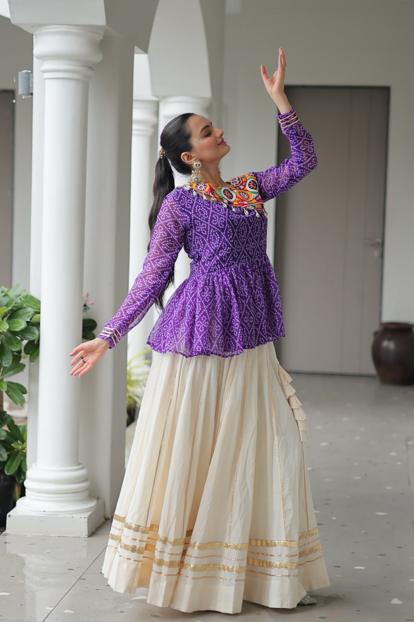 Vrinda Elegant Mirror Work Bandhani Top with Cream Flared Lehenga