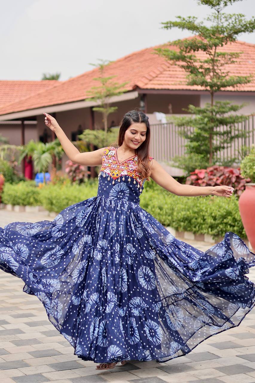 Myra Bandhani Mirror Work Flared Cotton Anarkali Work