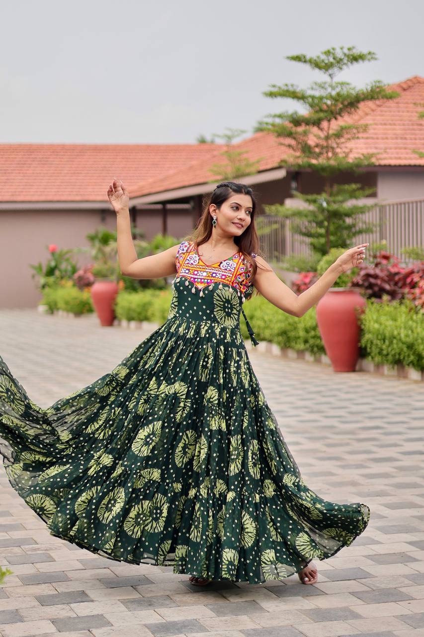 Myra Bandhani Mirror Work Flared Cotton Anarkali Work