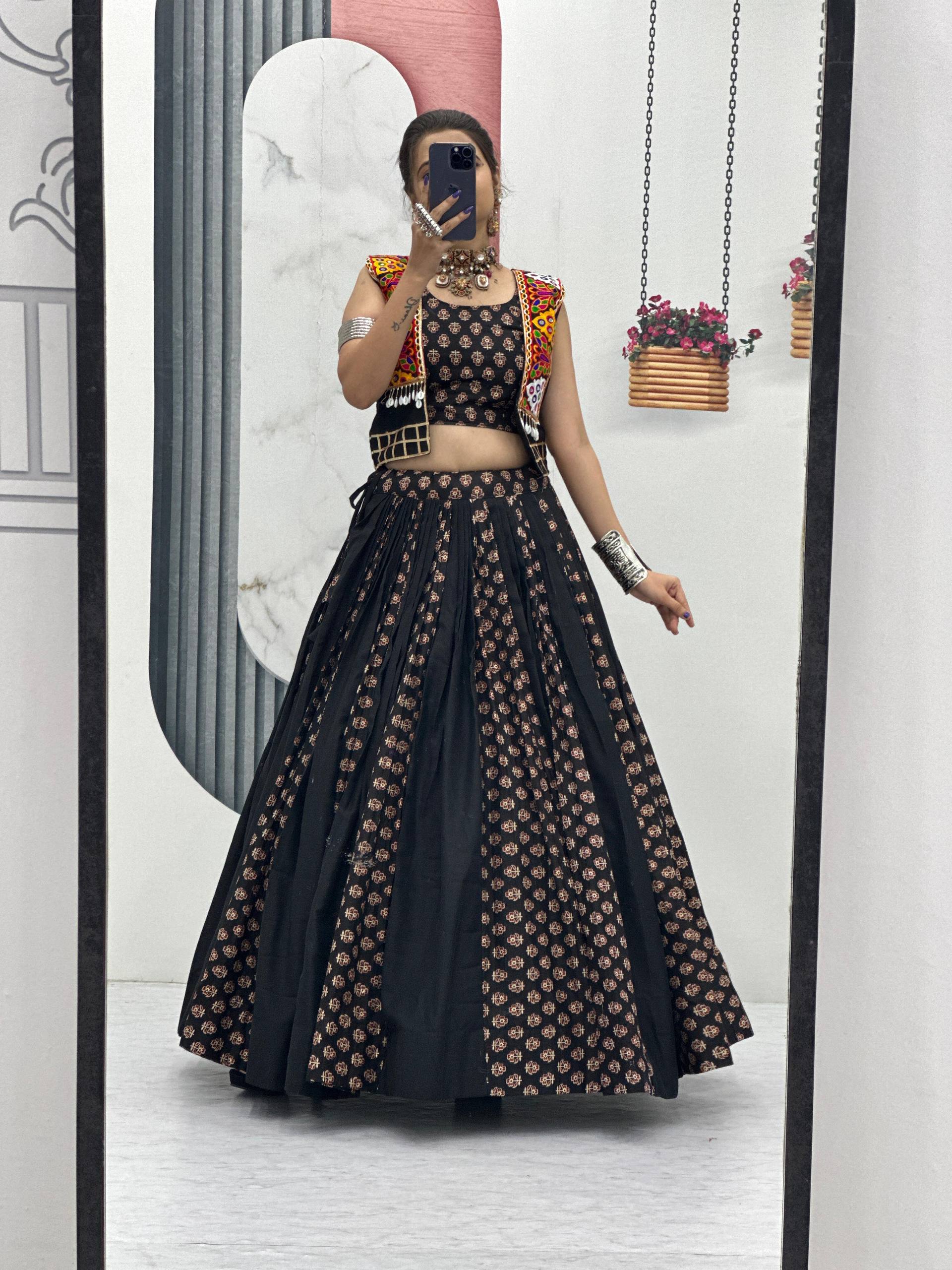 Rajrani Pure Cotton Lehenga with Kutchi Mirror Jacket