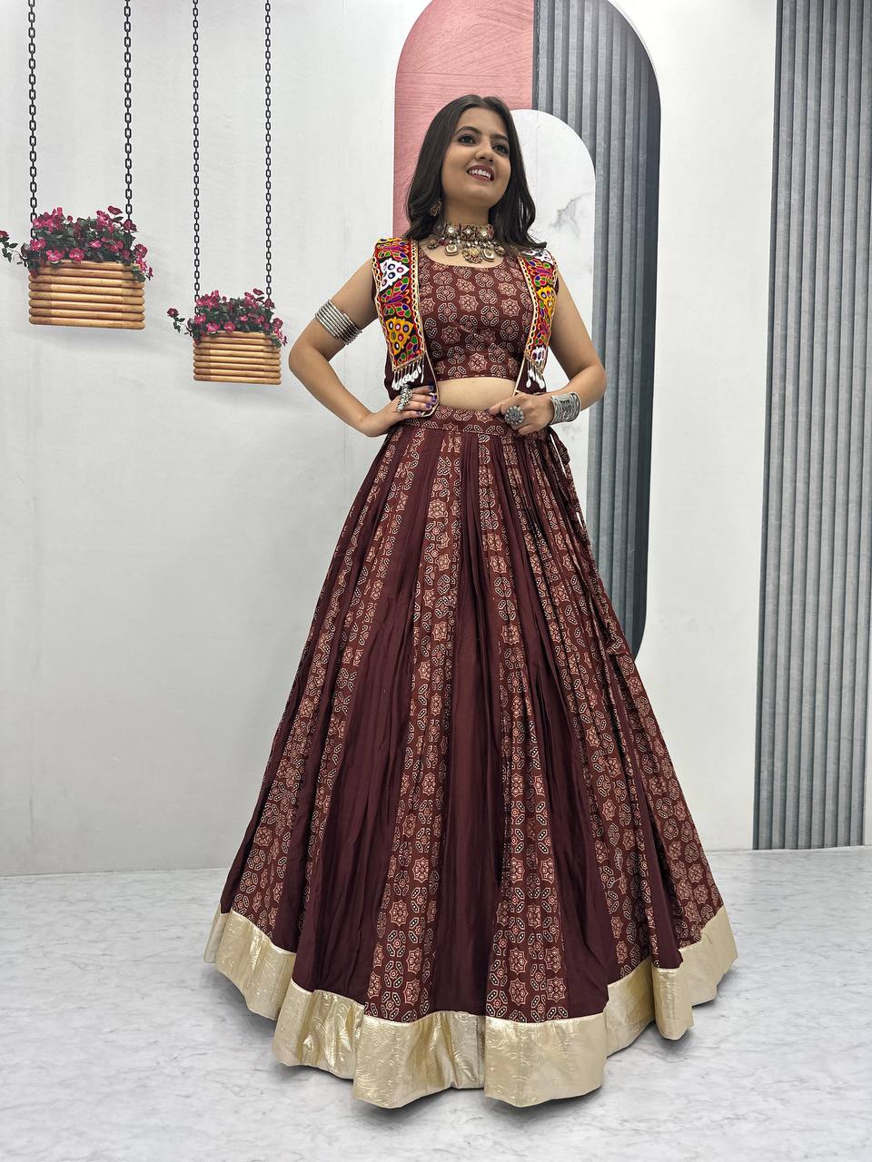 Rajrani Pure Cotton Lehenga with Kutchi Mirror Jacket