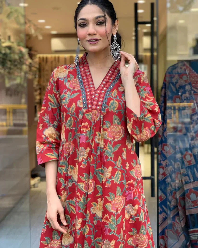 Biba Reddish Floral Cotton Suit Set with Mulmul Dupatta: Elegant, Comfortable, Stylish