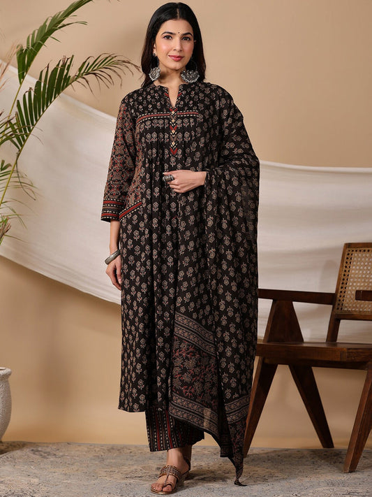 Comfortable Black Pure Cotton Printed Kurta Set with Trousers & Dupatta