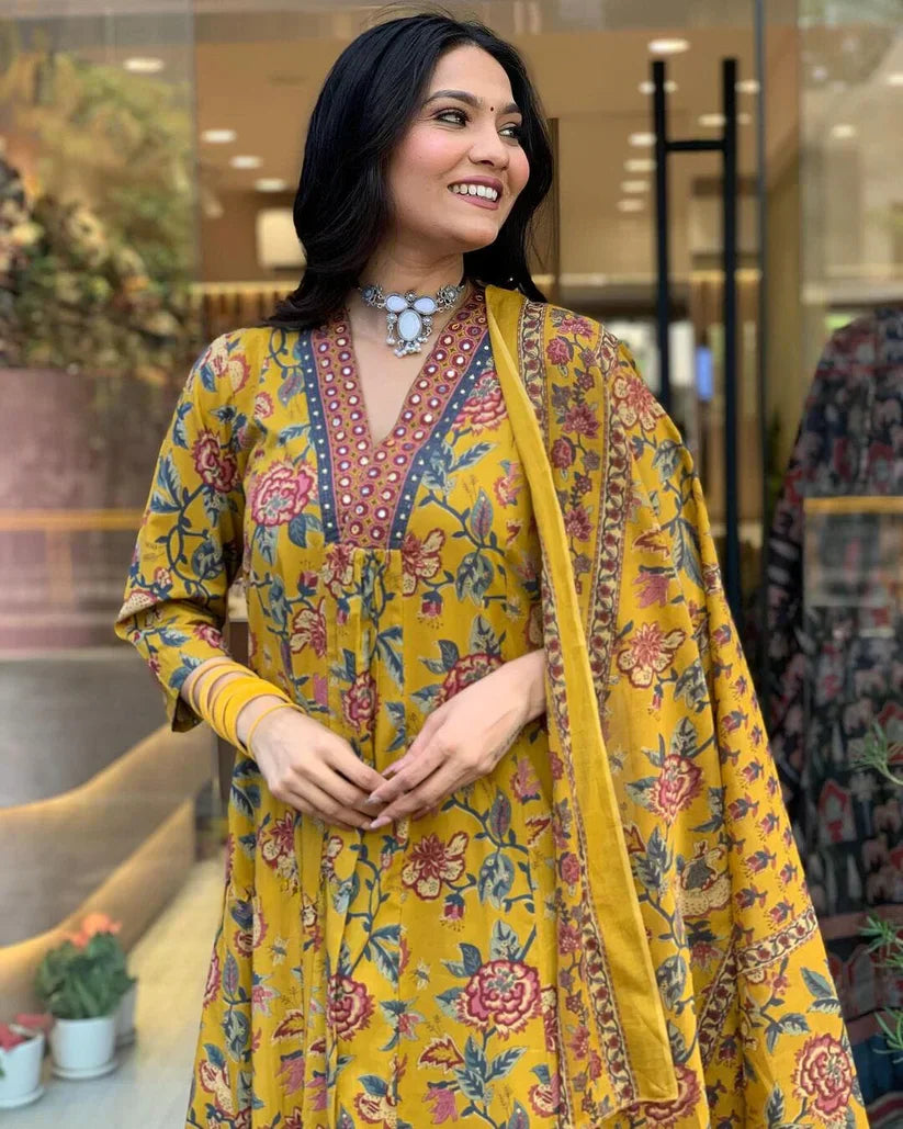Biba Women's Floral Cotton Kurta Pant Set with Elegant Mulmul Dupatta