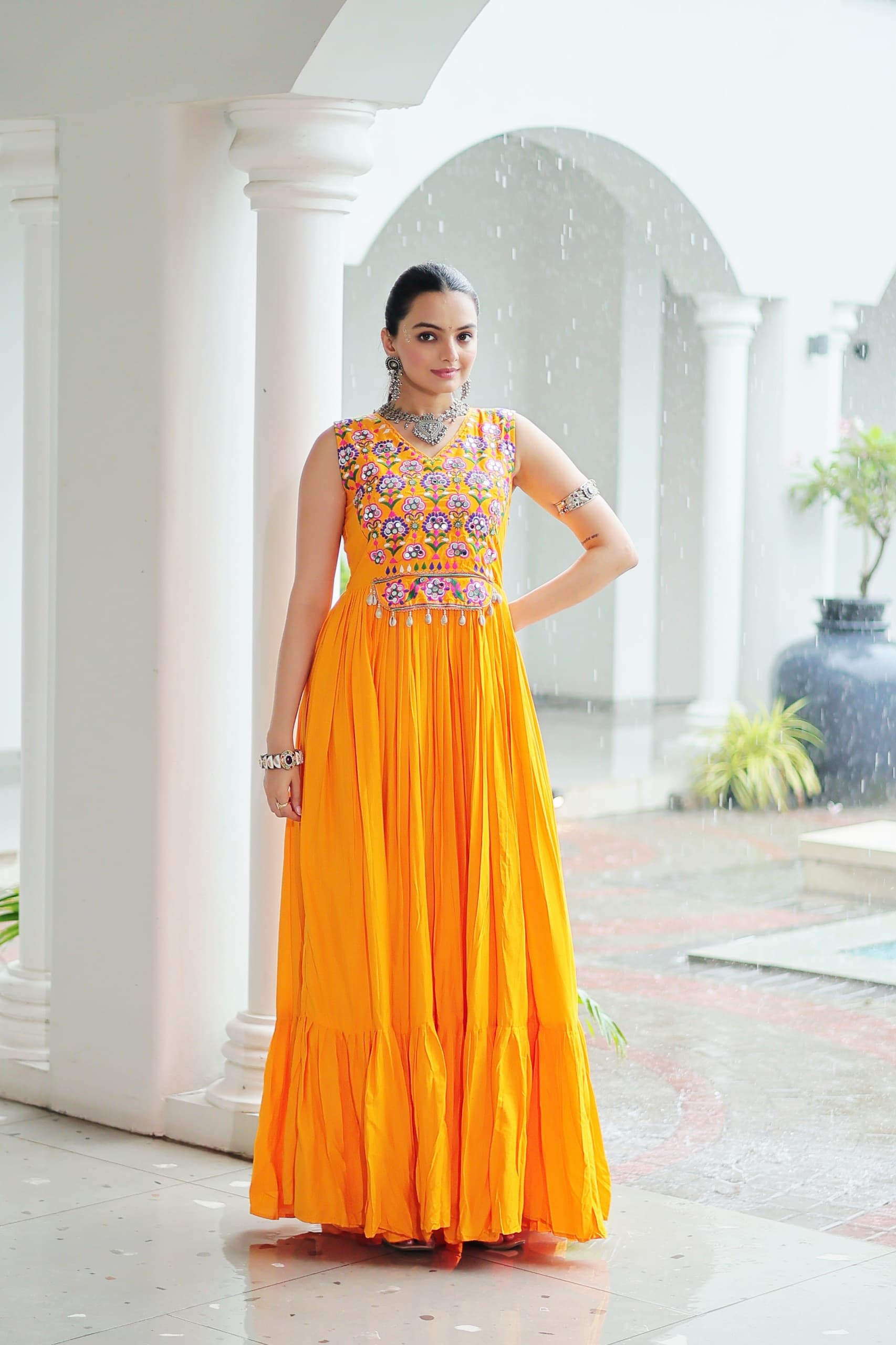 TILTON NAVRATRI SPECIAL RAYON GAMTHI WORK AND MIRROR WORK GOWN