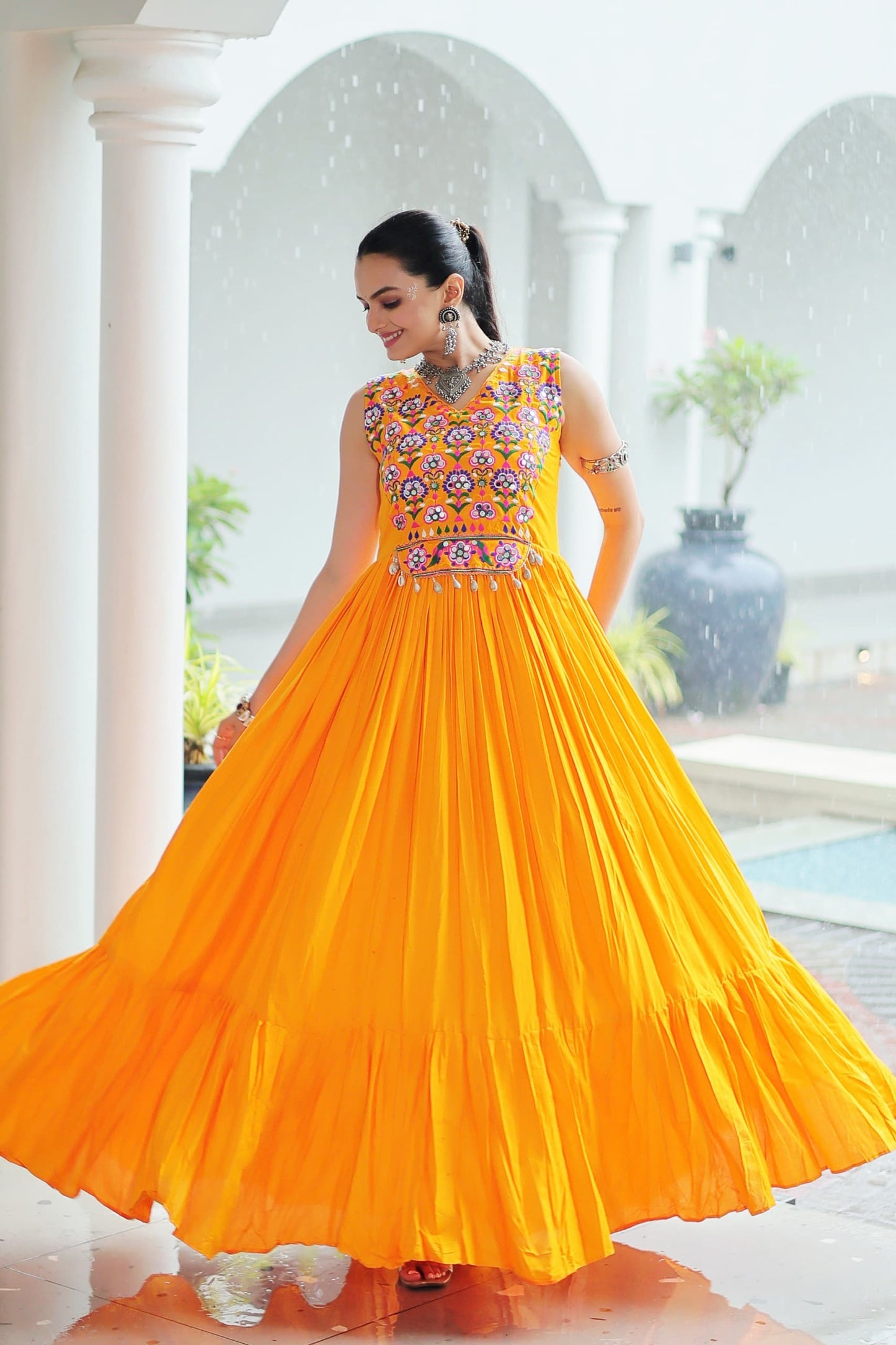 TILTON NAVRATRI SPECIAL RAYON GAMTHI WORK AND MIRROR WORK GOWN