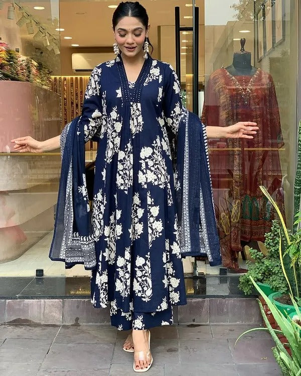 Royal Blue Roman Silk Kurta Set: Banarasi Dupatta, Elegant Sequence Work