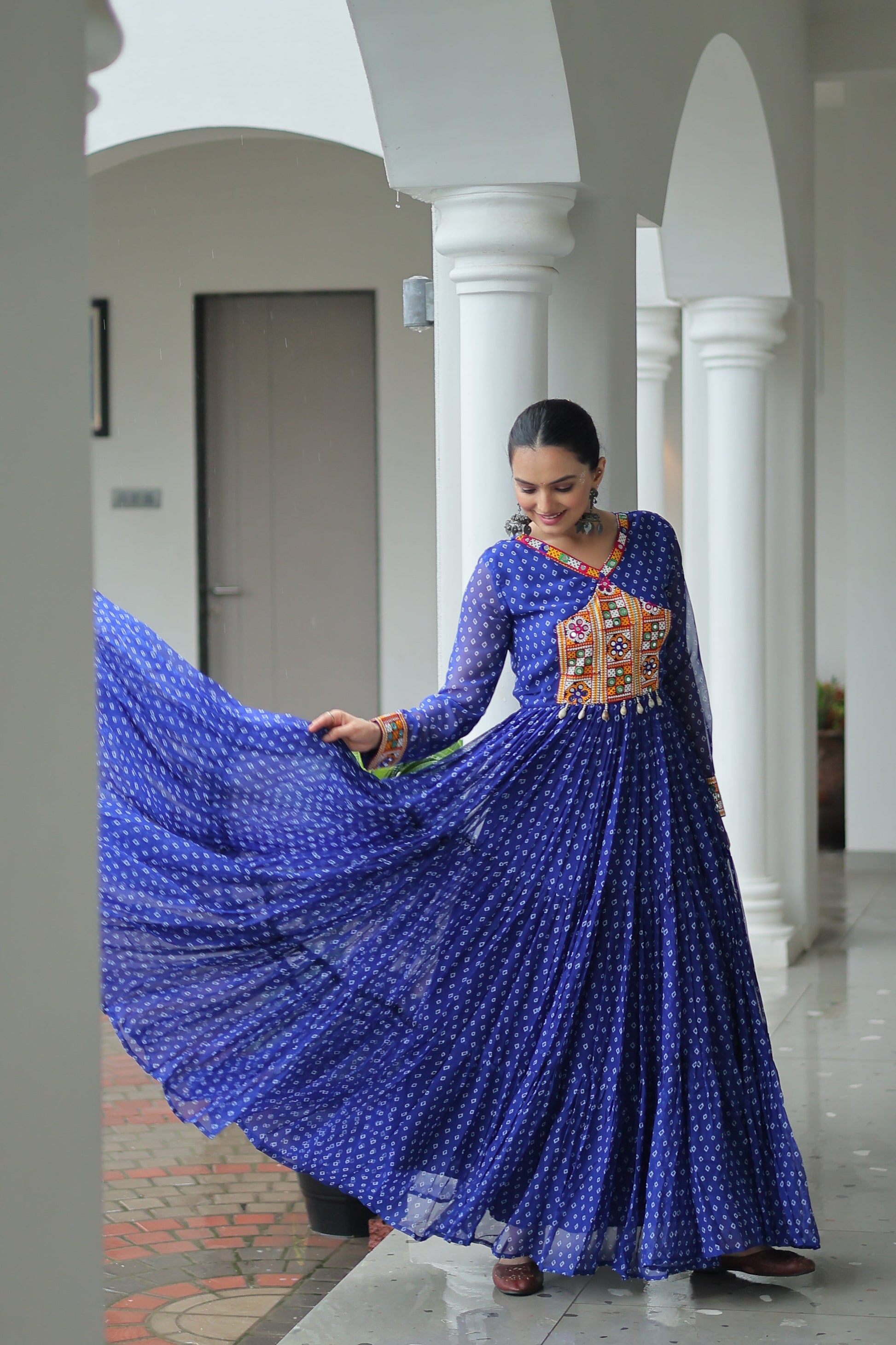 TILTON NAVRATRI SPECIAL BANDHANI PRINT GOWN WITH KUTCHI PATCHWORK