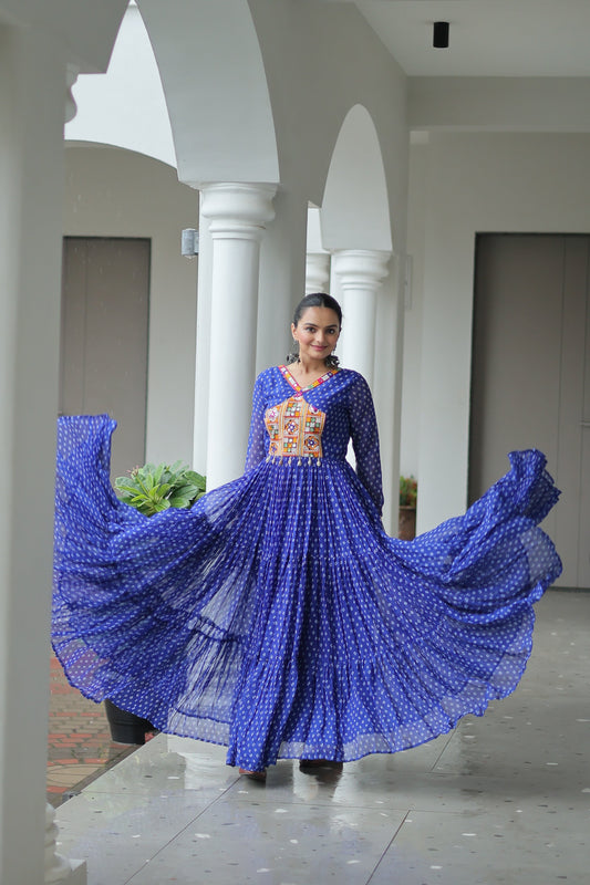 TILTON NAVRATRI SPECIAL BANDHANI PRINT GOWN WITH KUTCHI PATCHWORK