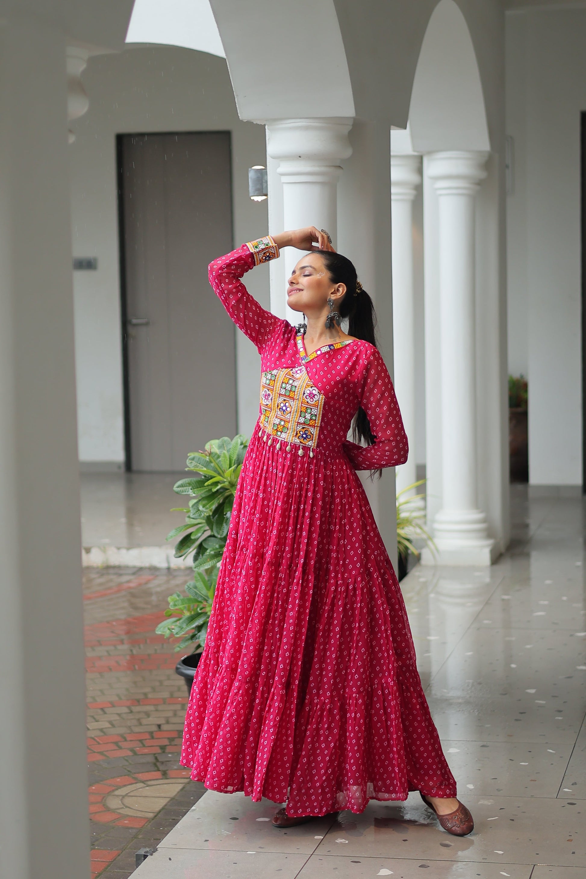 TILTON NAVRATRI SPECIAL BANDHANI PRINT GOWN WITH KUTCHI PATCHWORK