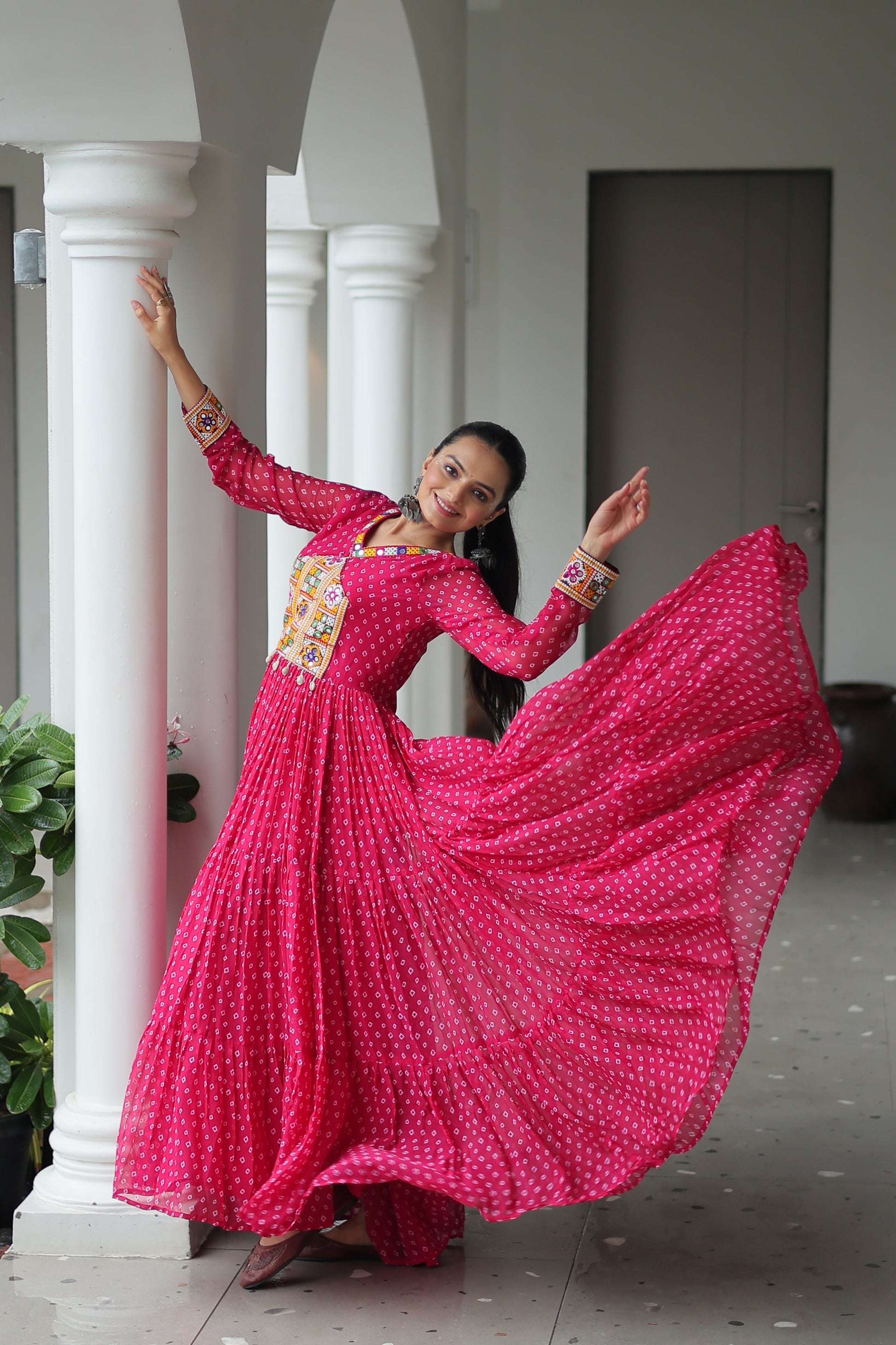 TILTON NAVRATRI SPECIAL BANDHANI PRINT GOWN WITH KUTCHI PATCHWORK