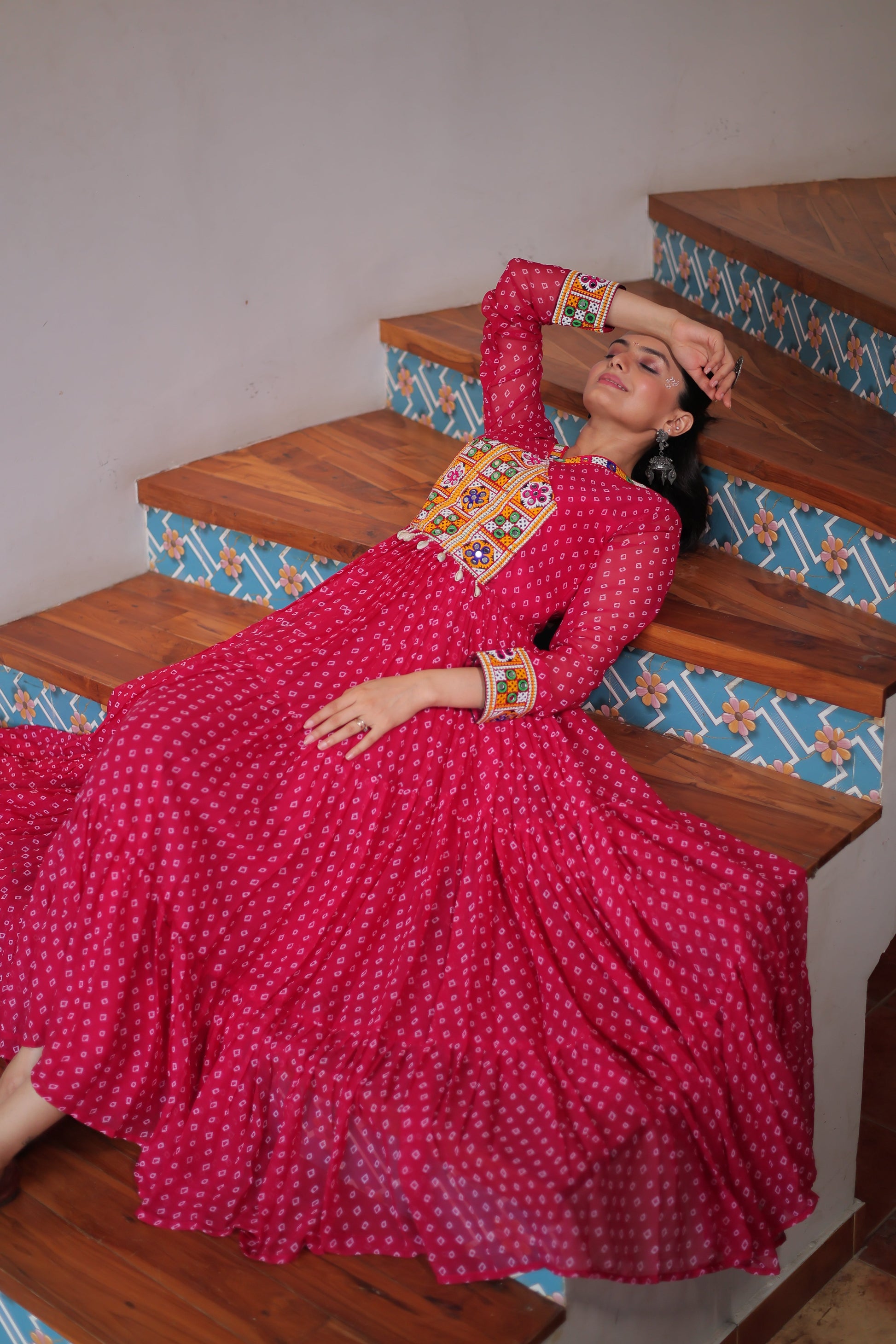 TILTON NAVRATRI SPECIAL BANDHANI PRINT GOWN WITH KUTCHI PATCHWORK