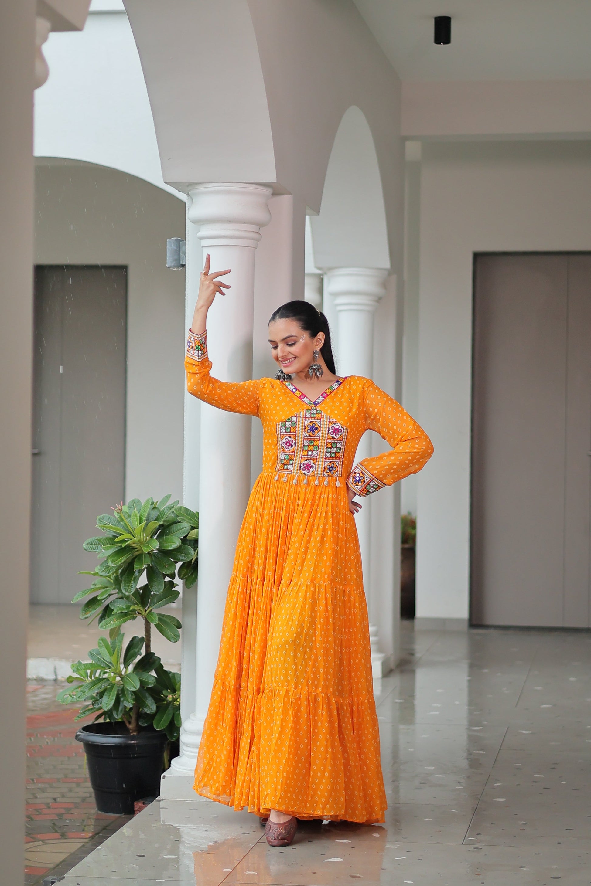 TILTON NAVRATRI SPECIAL BANDHANI PRINT GOWN WITH KUTCHI PATCHWORK