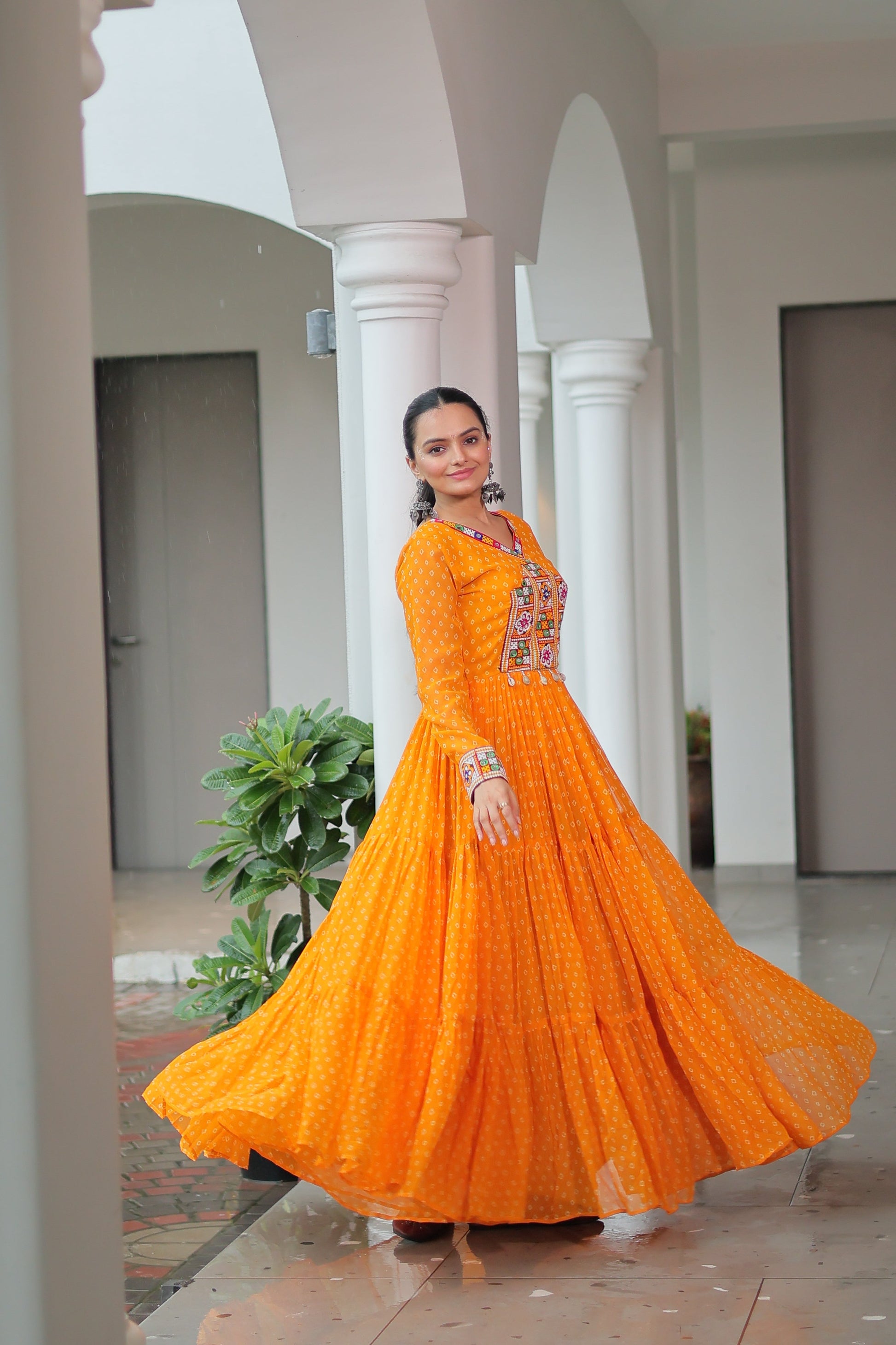 TILTON NAVRATRI SPECIAL BANDHANI PRINT GOWN WITH KUTCHI PATCHWORK