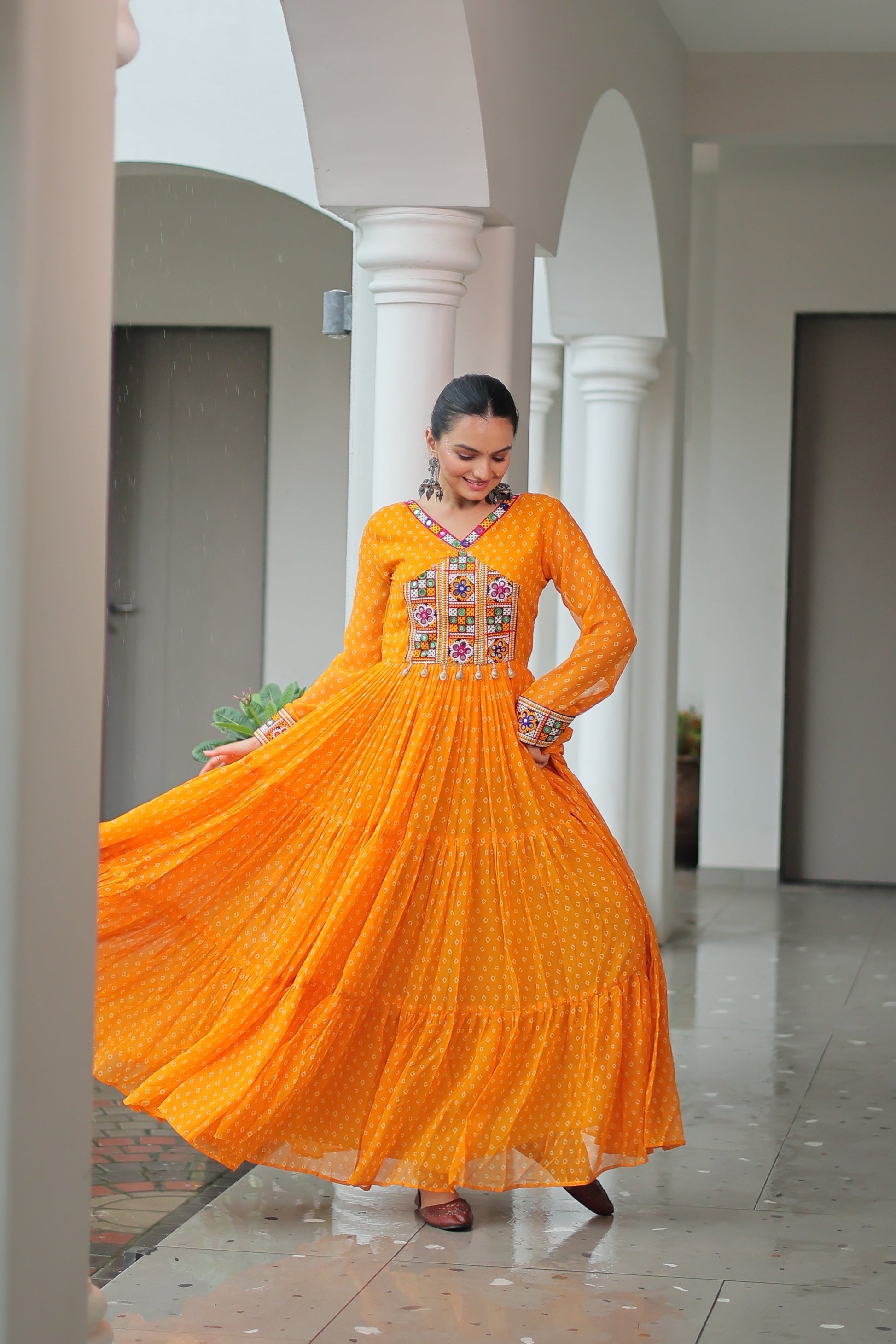 TILTON NAVRATRI SPECIAL BANDHANI PRINT GOWN WITH KUTCHI PATCHWORK