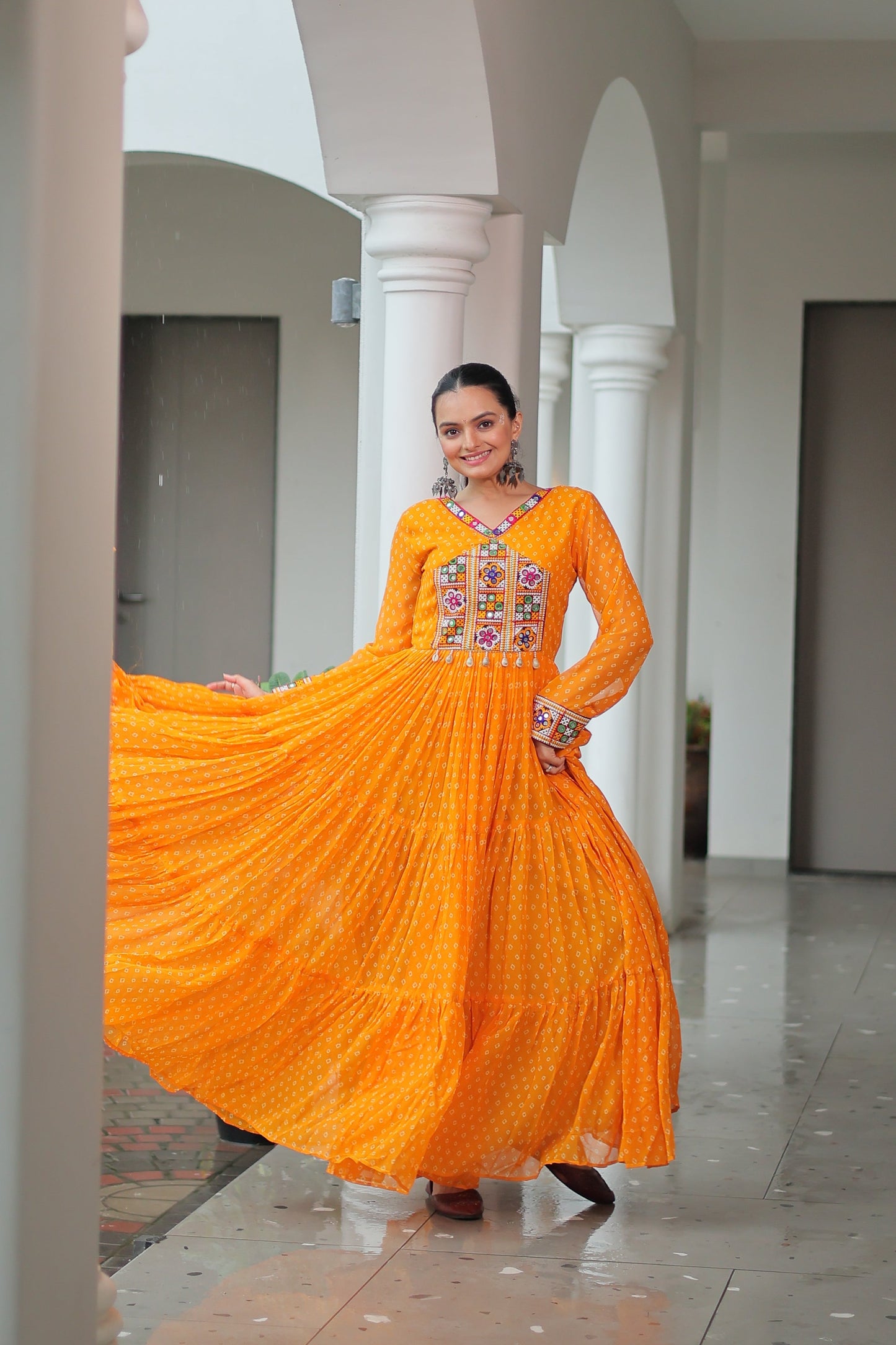 TILTON NAVRATRI SPECIAL BANDHANI PRINT GOWN WITH KUTCHI PATCHWORK