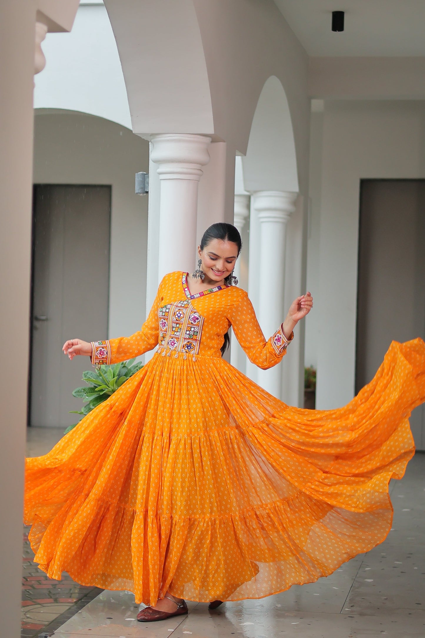 TILTON NAVRATRI SPECIAL BANDHANI PRINT GOWN WITH KUTCHI PATCHWORK