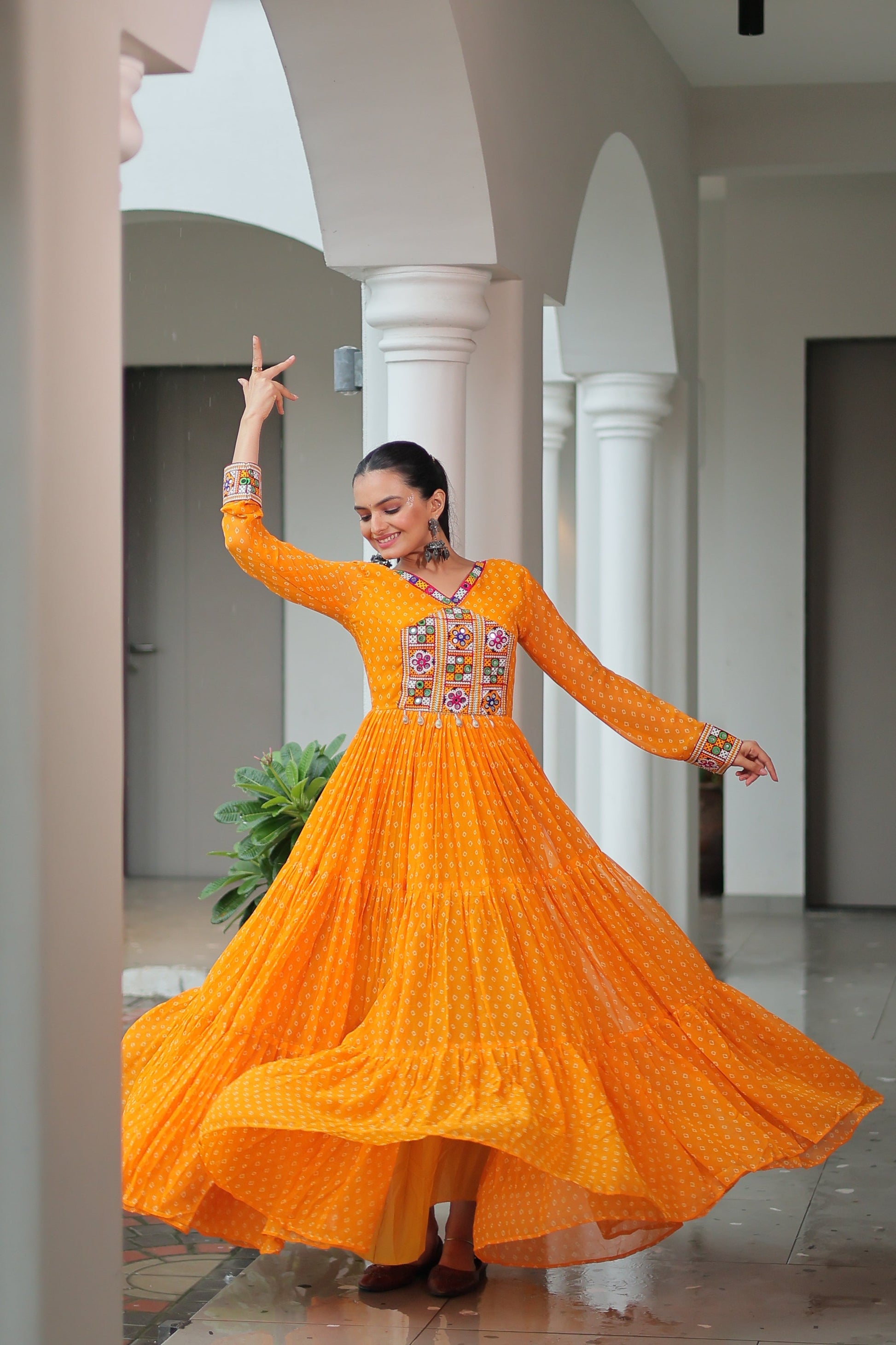 TILTON NAVRATRI SPECIAL BANDHANI PRINT GOWN WITH KUTCHI PATCHWORK