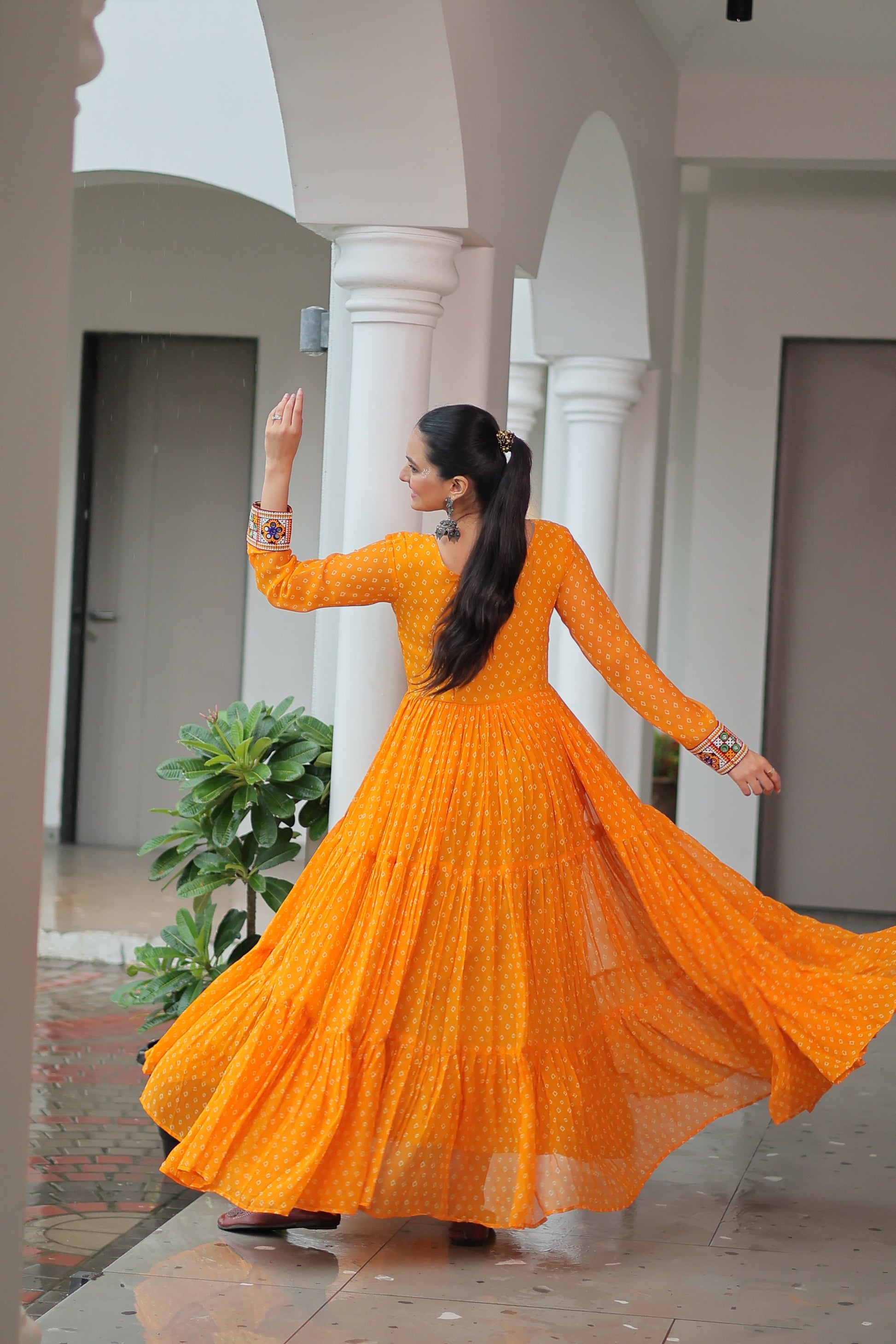 TILTON NAVRATRI SPECIAL BANDHANI PRINT GOWN WITH KUTCHI PATCHWORK
