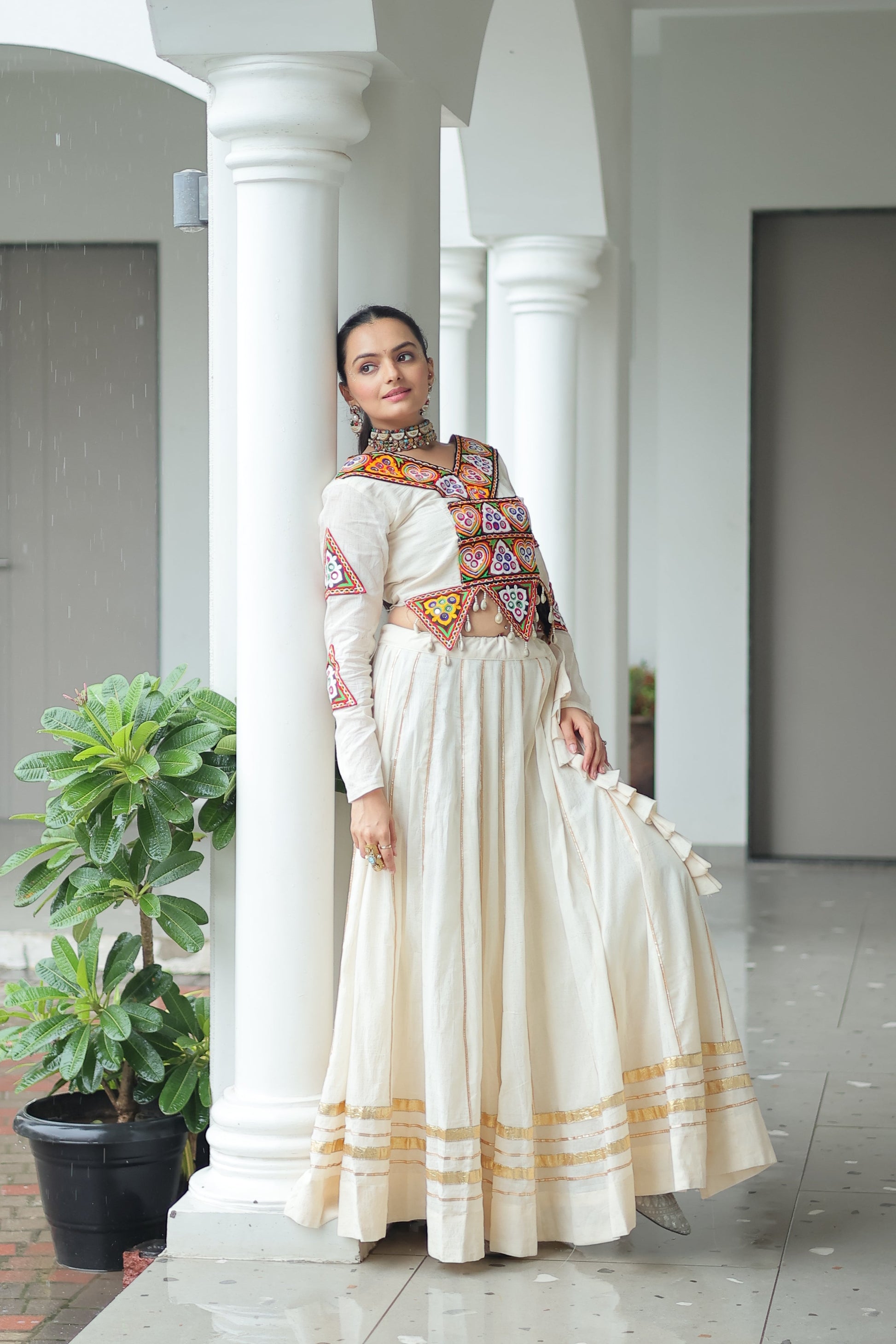 TILTON NAVRATRI SPECIAL KUTCHI GAMTHI WORK KORA COTTON LEHENGA CHOLI WITH KOTI