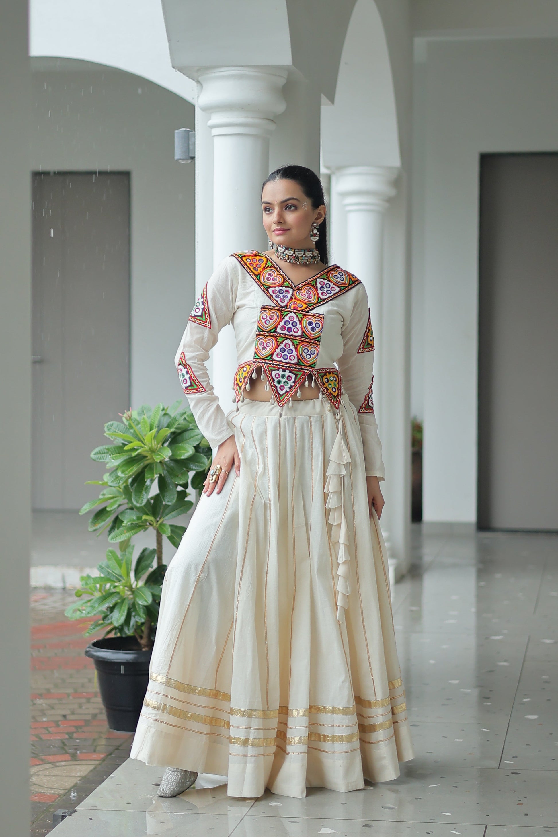 TILTON NAVRATRI SPECIAL KUTCHI GAMTHI WORK KORA COTTON LEHENGA CHOLI WITH KOTI