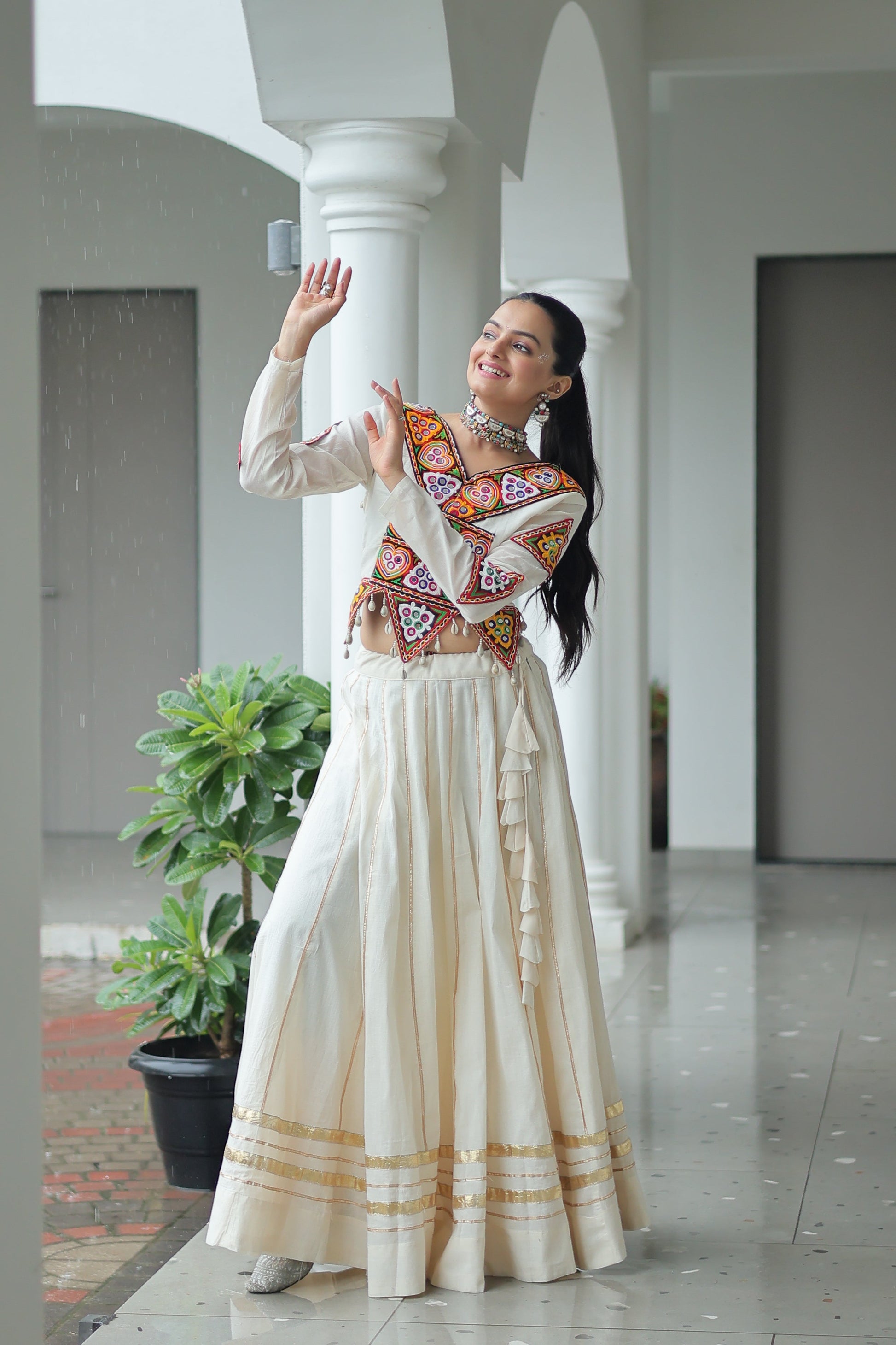 TILTON NAVRATRI SPECIAL KUTCHI GAMTHI WORK KORA COTTON LEHENGA CHOLI WITH KOTI