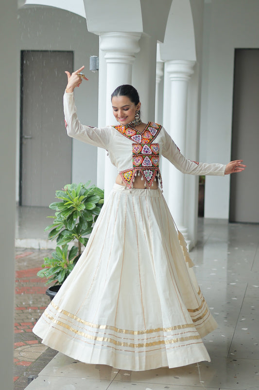 TILTON NAVRATRI SPECIAL KUTCHI GAMTHI WORK KORA COTTON LEHENGA CHOLI WITH KOTI