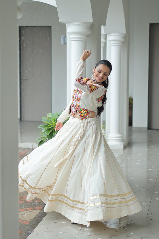 TILTON NAVRATRI SPECIAL KUTCHI GAMTHI WORK KORA COTTON LEHENGA CHOLI WITH KOTI
