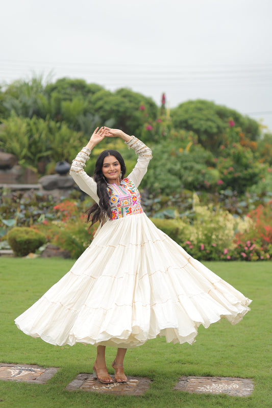 TILTON NAVRATRI SPECIAL KORA COTTON EMBROIDERED GOWN WITH GOTA PATTI WORK