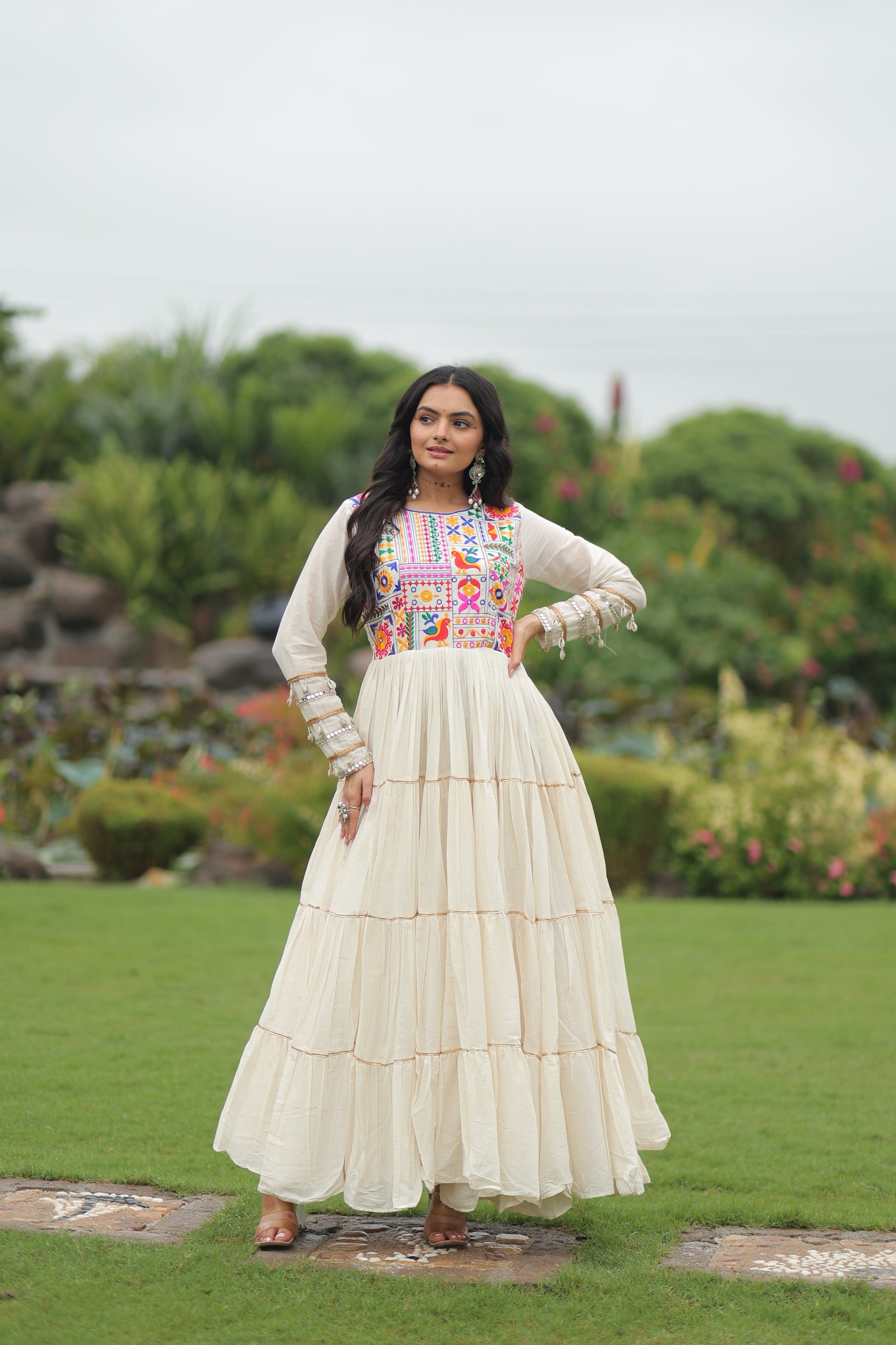 TILTON NAVRATRI SPECIAL KORA COTTON EMBROIDERED GOWN WITH GOTA PATTI WORK