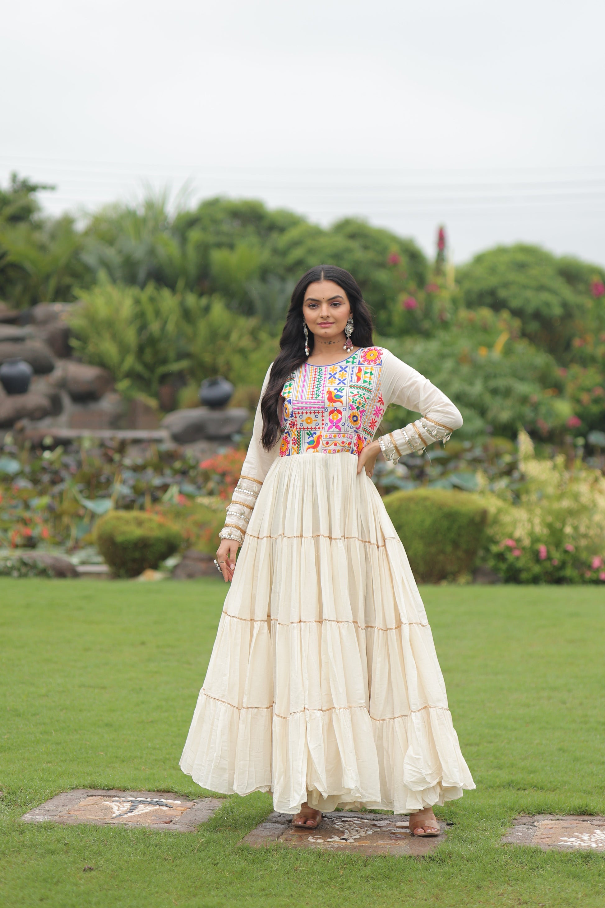 TILTON NAVRATRI SPECIAL KORA COTTON EMBROIDERED GOWN WITH GOTA PATTI WORK