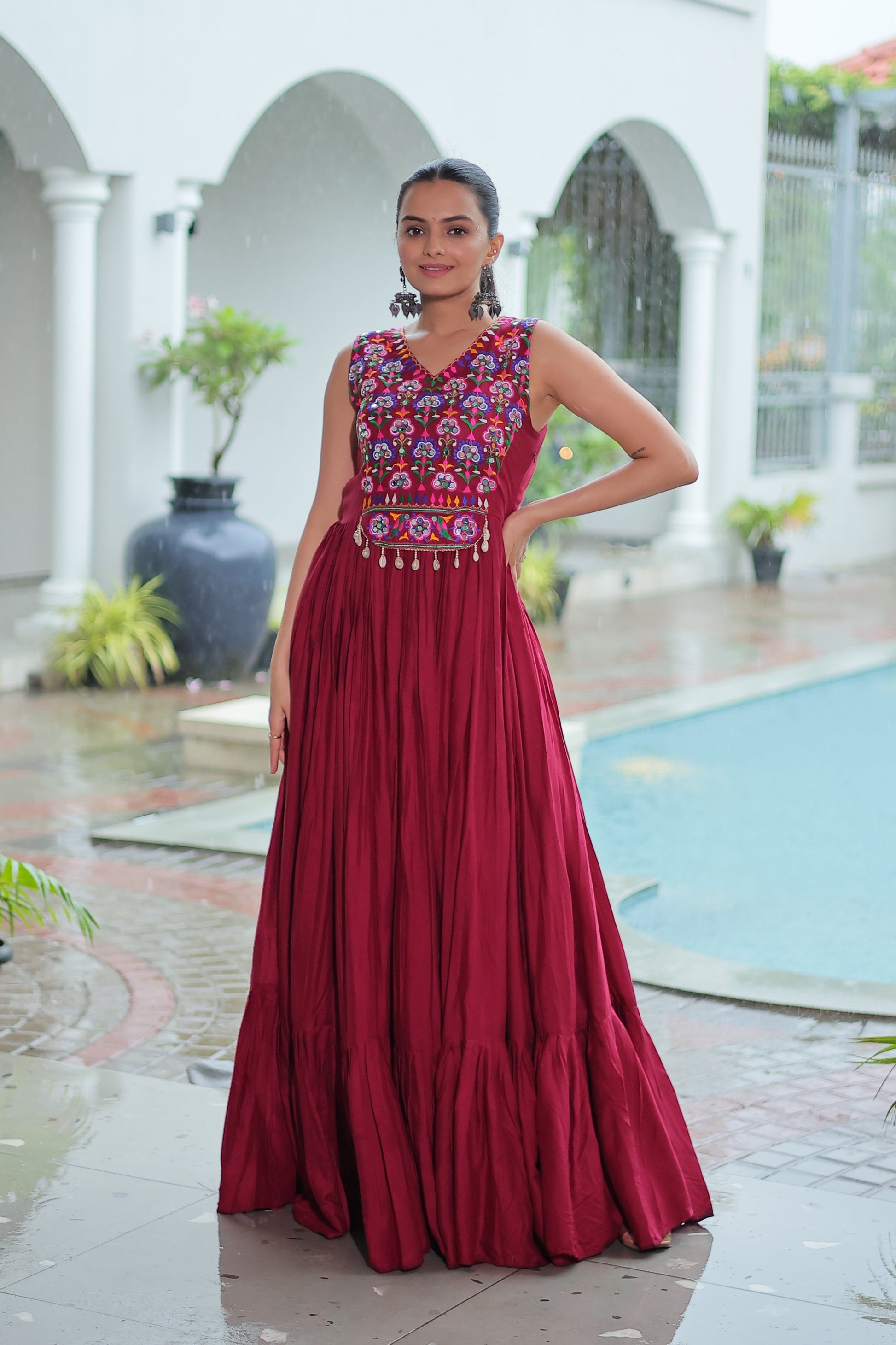 TILTON NAVRATRI SPECIAL RAYON GAMTHI WORK AND MIRROR WORK GOWN