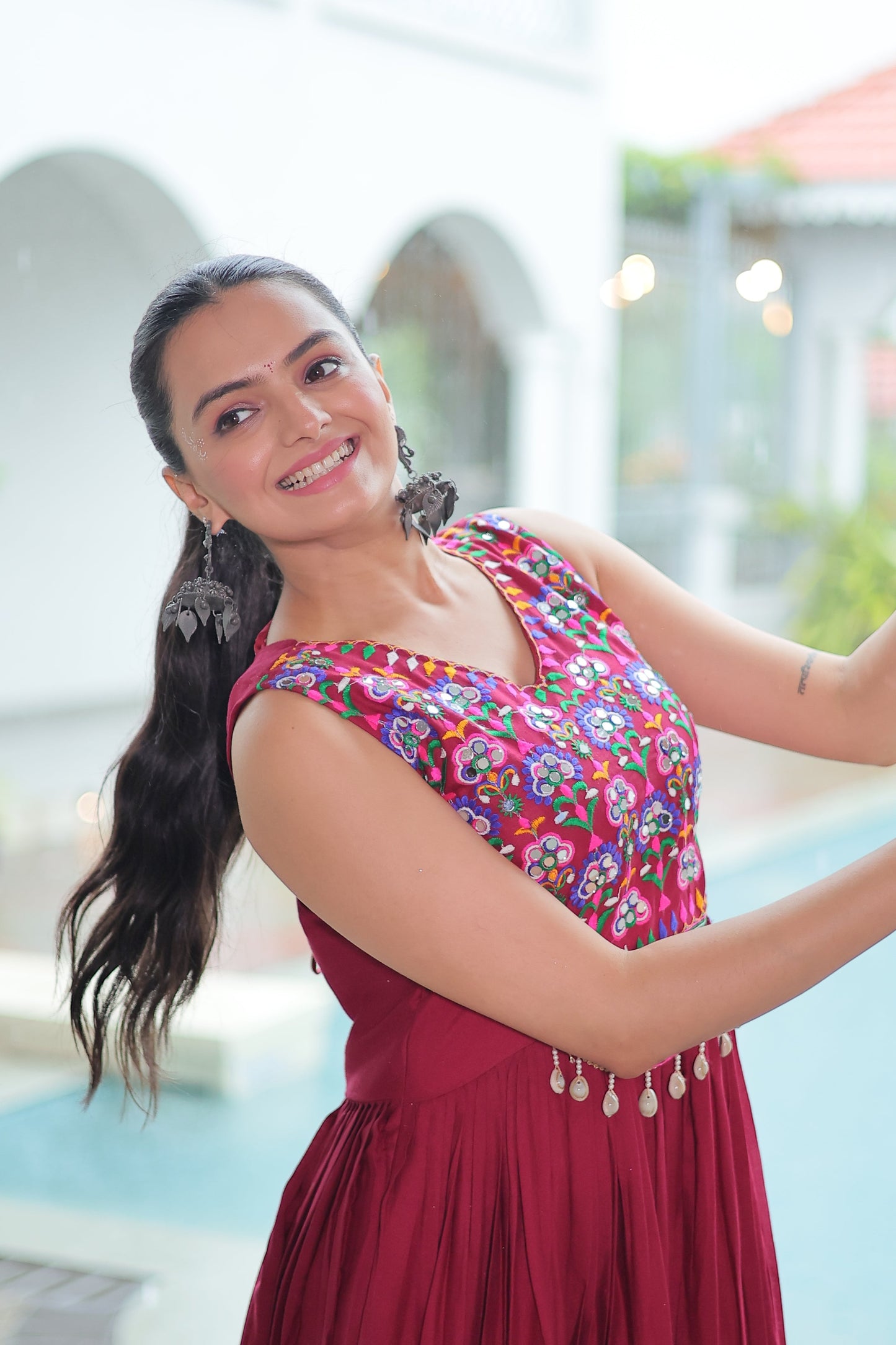 TILTON NAVRATRI SPECIAL RAYON GAMTHI WORK AND MIRROR WORK GOWN