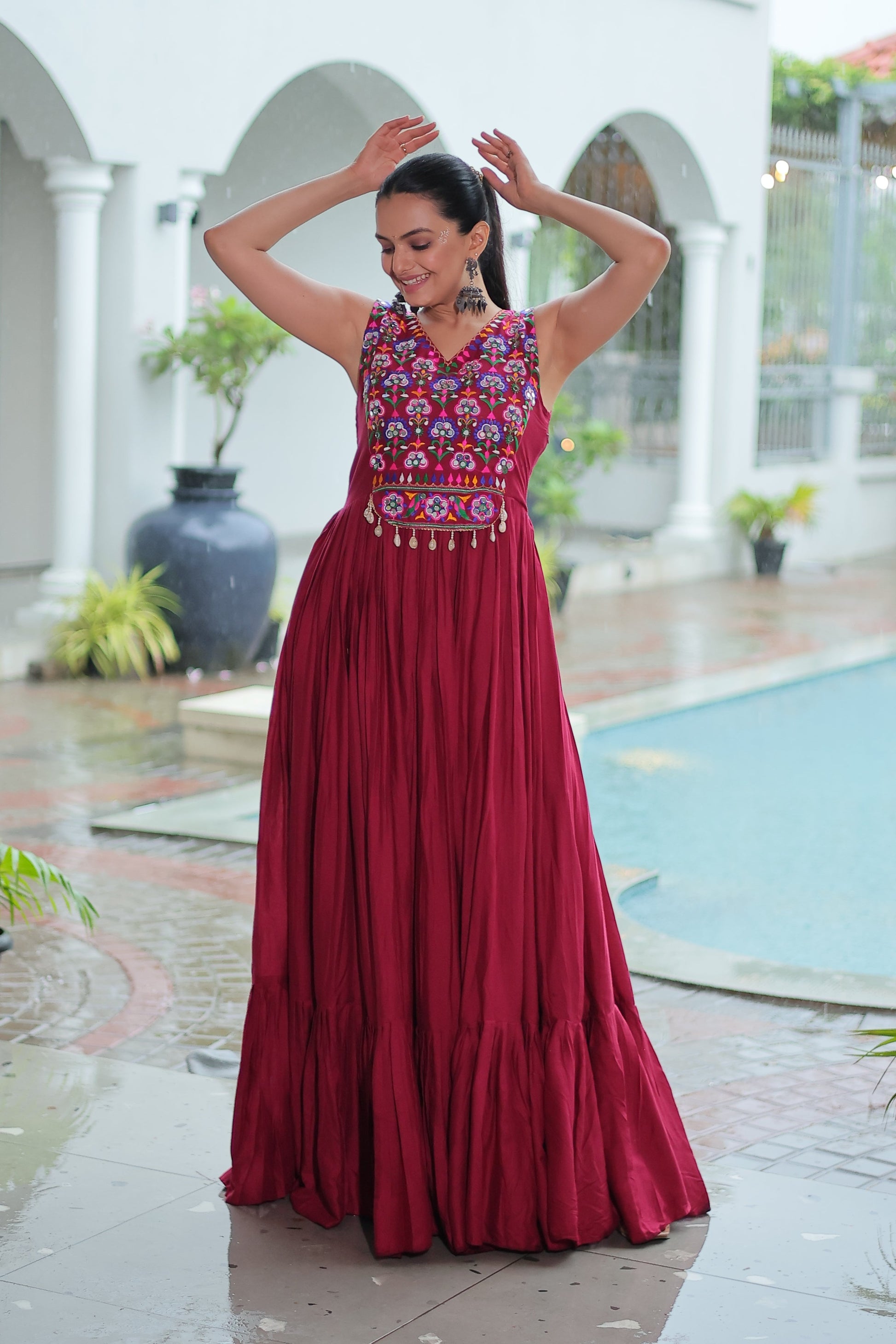 TILTON NAVRATRI SPECIAL RAYON GAMTHI WORK AND MIRROR WORK GOWN
