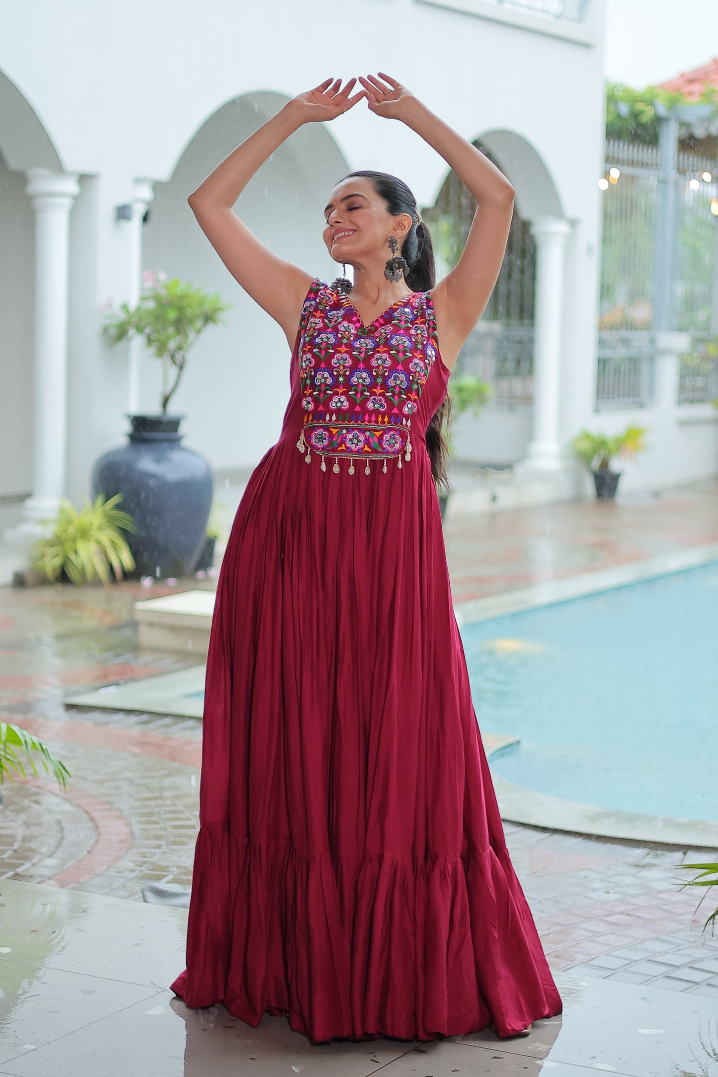 TILTON NAVRATRI SPECIAL RAYON GAMTHI WORK AND MIRROR WORK GOWN