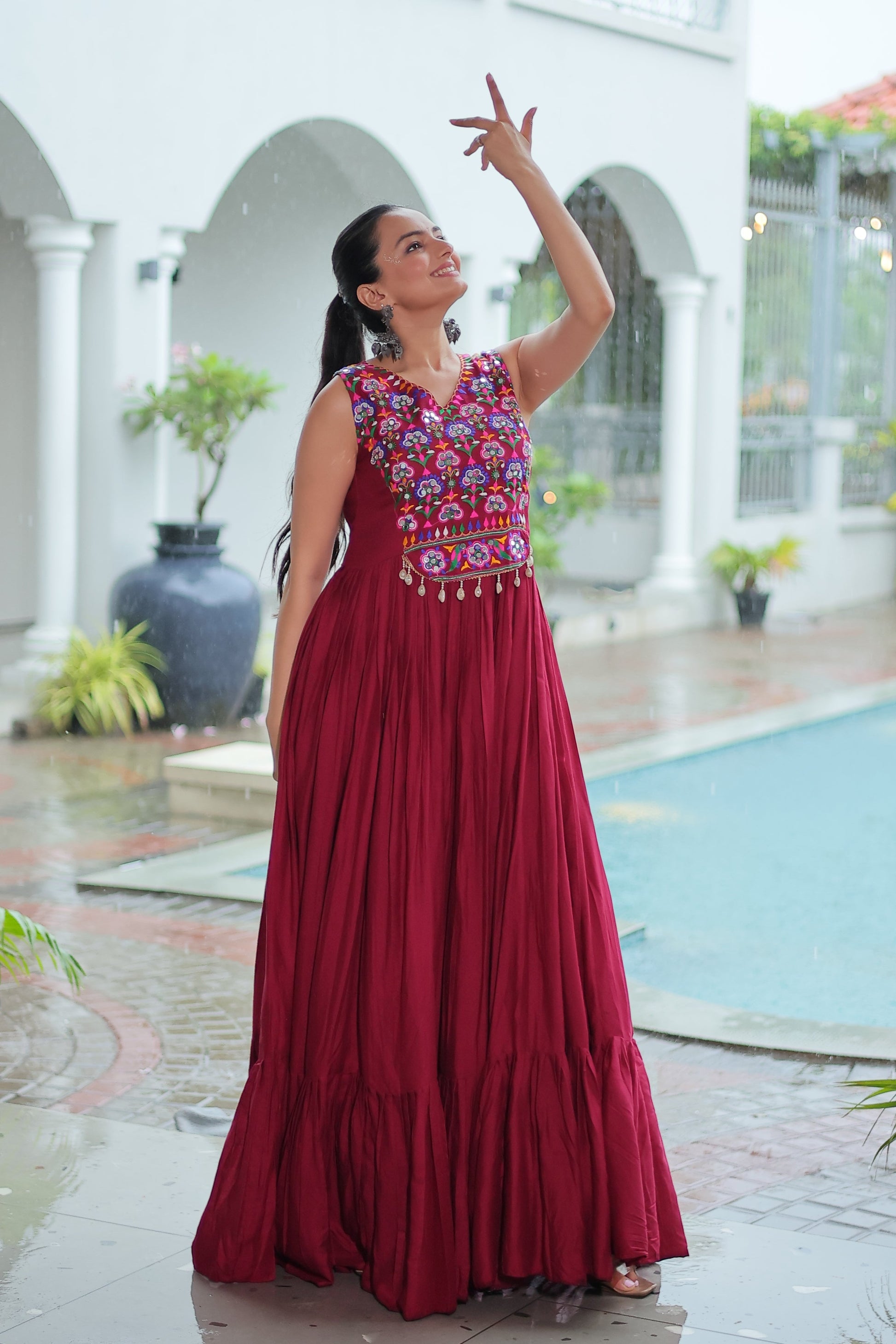 TILTON NAVRATRI SPECIAL RAYON GAMTHI WORK AND MIRROR WORK GOWN