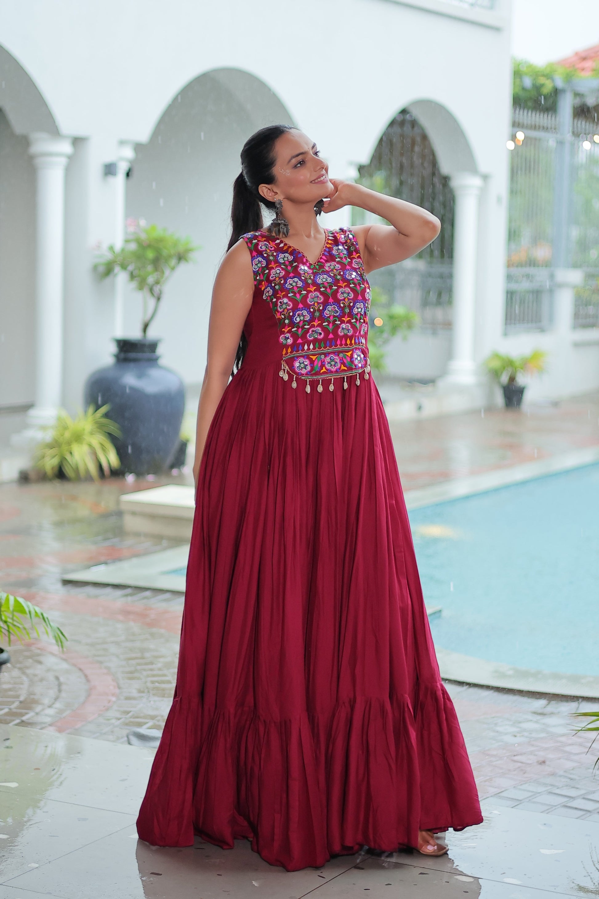 TILTON NAVRATRI SPECIAL RAYON GAMTHI WORK AND MIRROR WORK GOWN