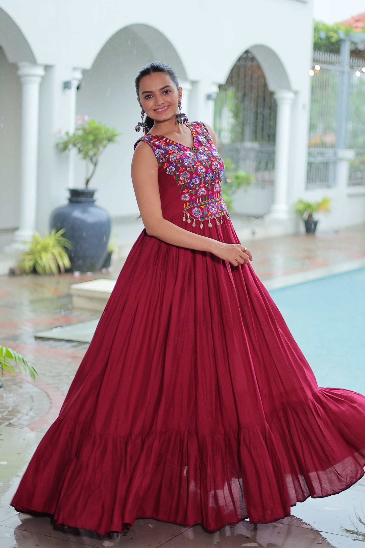 TILTON NAVRATRI SPECIAL RAYON GAMTHI WORK AND MIRROR WORK GOWN