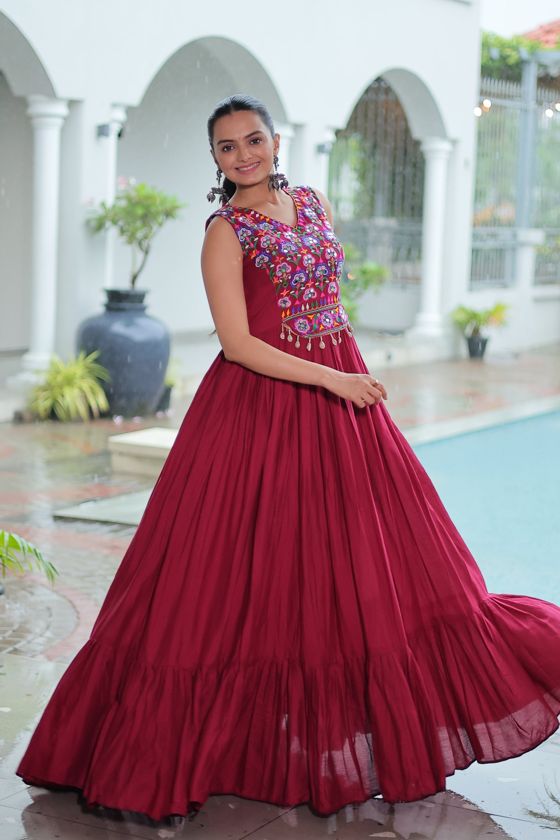 TILTON NAVRATRI SPECIAL RAYON GAMTHI WORK AND MIRROR WORK GOWN