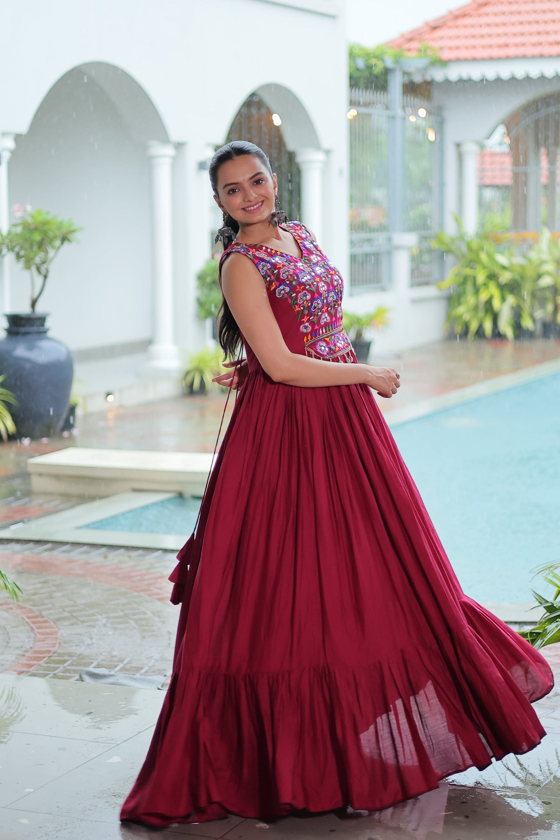 TILTON NAVRATRI SPECIAL RAYON GAMTHI WORK AND MIRROR WORK GOWN