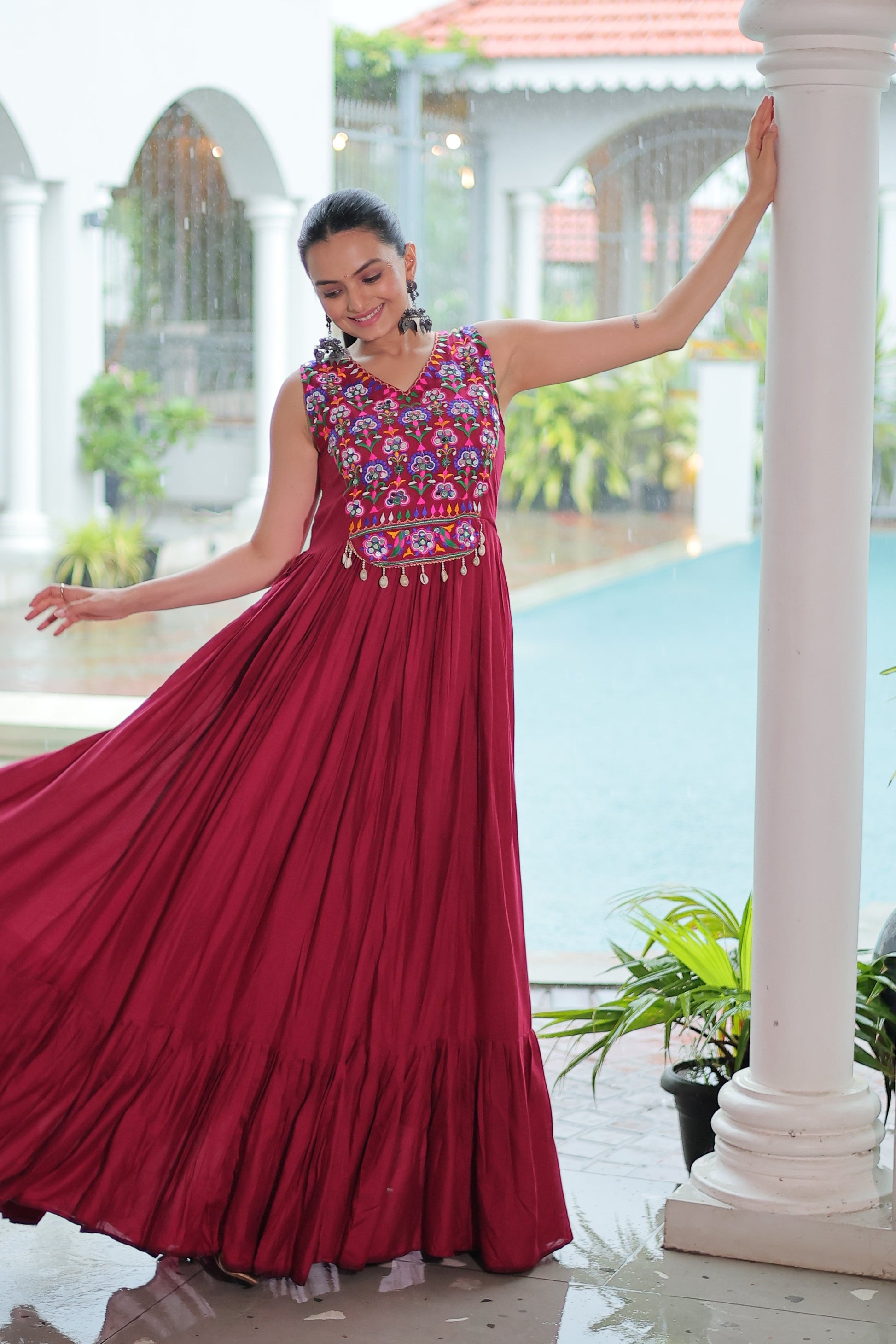 TILTON NAVRATRI SPECIAL RAYON GAMTHI WORK AND MIRROR WORK GOWN