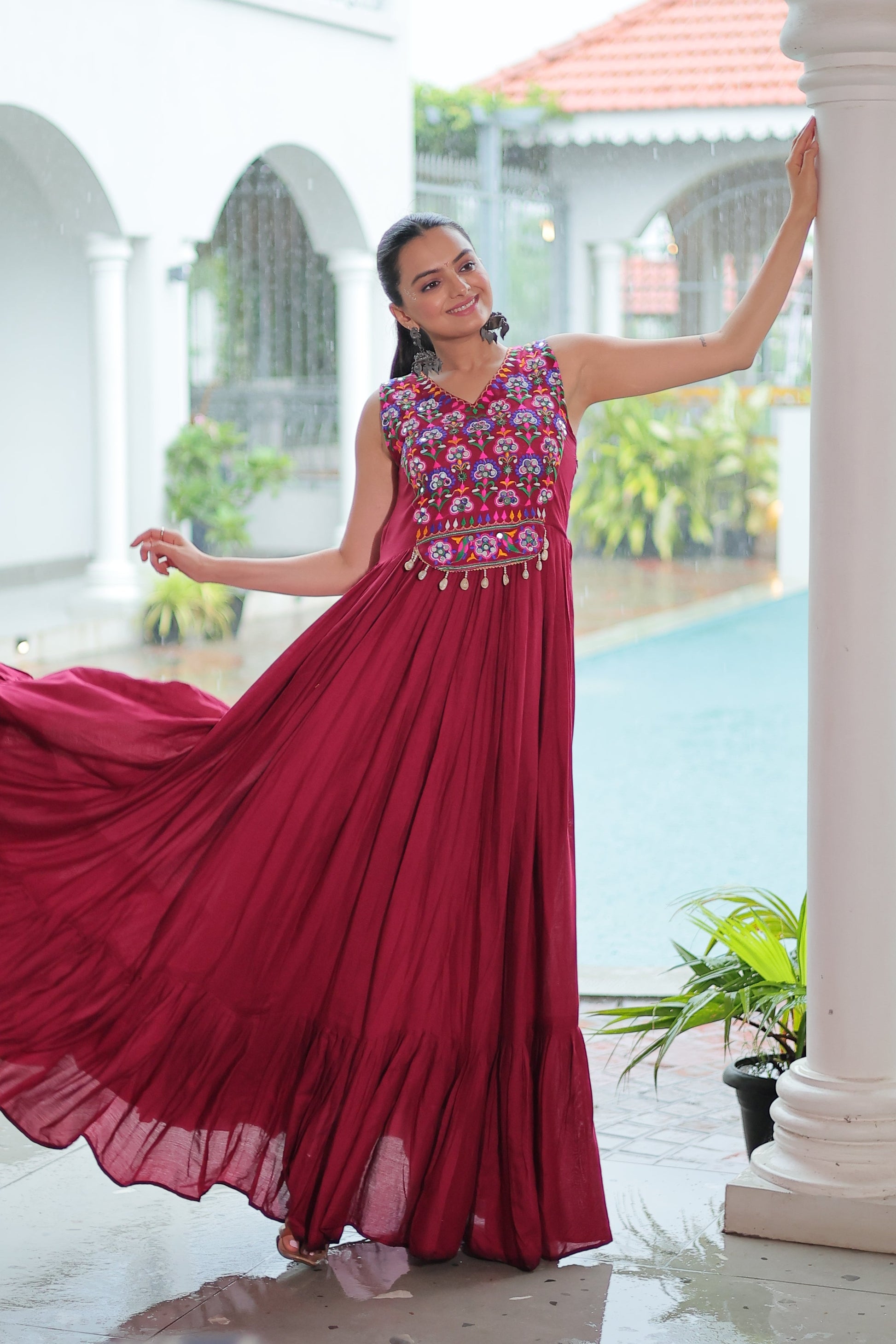 TILTON NAVRATRI SPECIAL RAYON GAMTHI WORK AND MIRROR WORK GOWN
