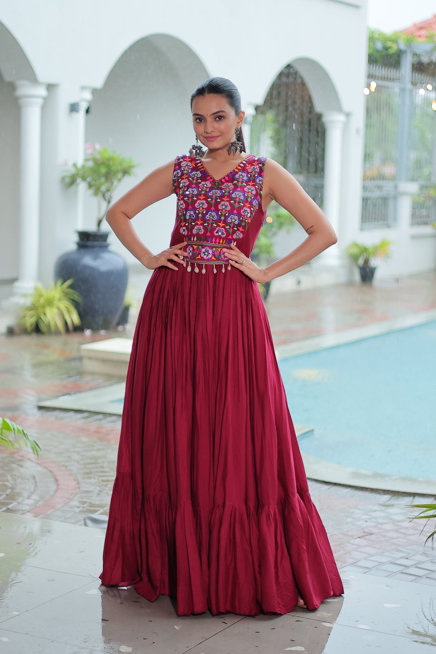 TILTON NAVRATRI SPECIAL RAYON GAMTHI WORK AND MIRROR WORK GOWN