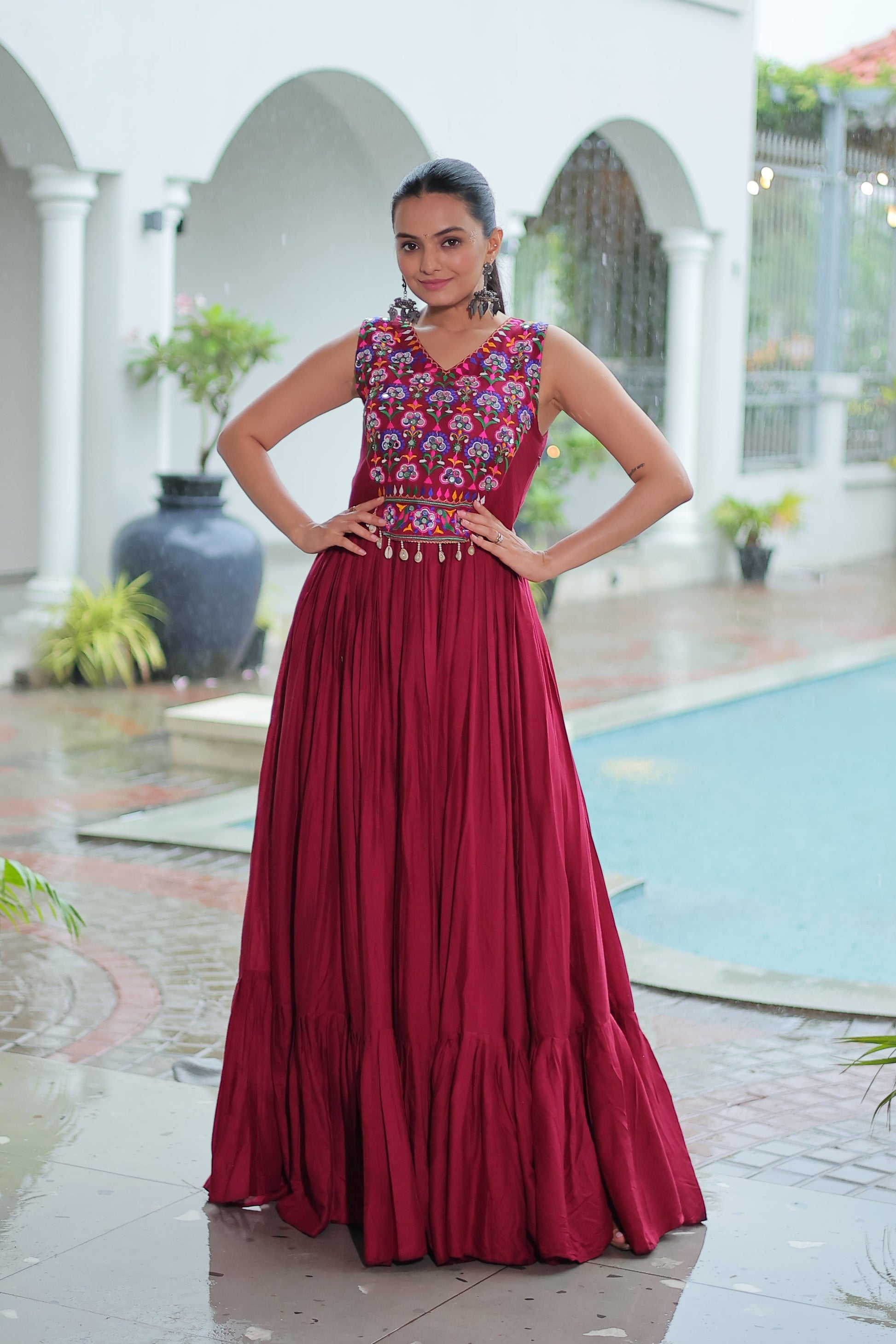 TILTON NAVRATRI SPECIAL RAYON GAMTHI WORK AND MIRROR WORK GOWN