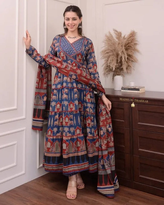 Elegant Blue Cotton Angrakha Style Anarkali Kurta Set for Women