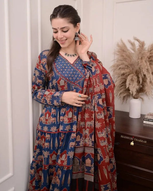 Elegant Blue Cotton Angrakha Style Anarkali Kurta Set for Women