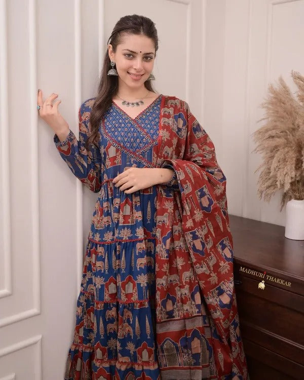 Elegant Blue Cotton Angrakha Style Anarkali Kurta Set for Women
