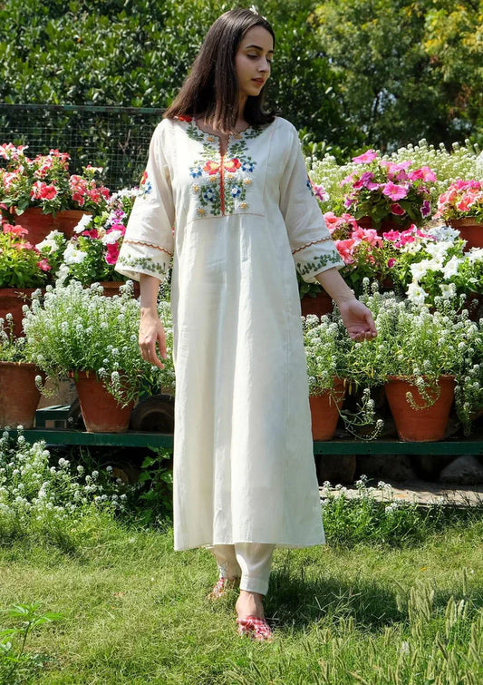 Elegant Off-White Embroidered Cotton Kurta & Pant Set for Women