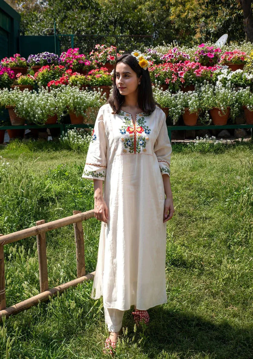 Elegant Off-White Embroidered Cotton Kurta & Pant Set for Women